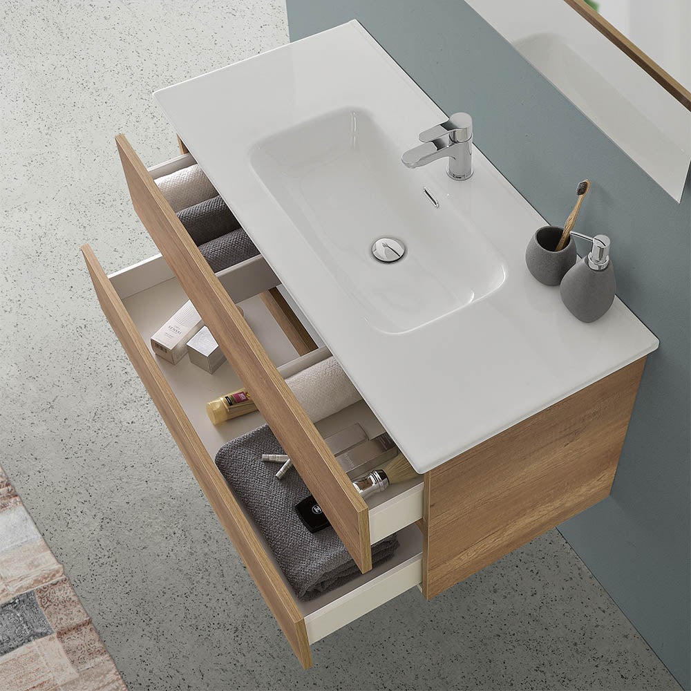 Mobile bagno sospeso 100 rovere naturale completo con 2 cassetti Nadia - 2