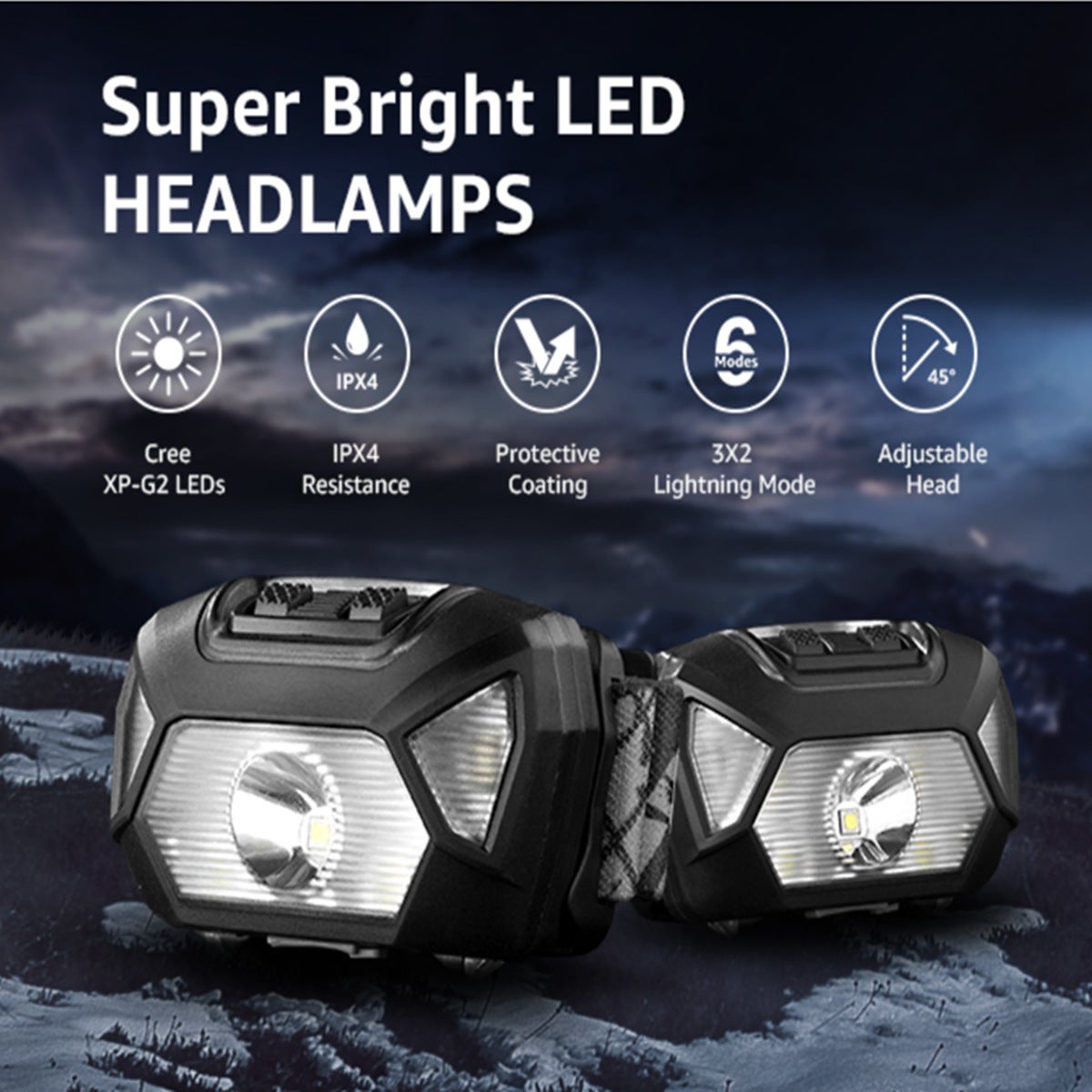 Pack de 2 potentes faros delanteros con luz roja, iluminación exterior, recargables, 6 modos, impermeables, para camping e iluminación de emergencia - 3