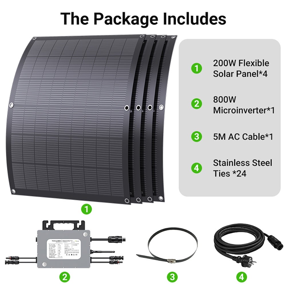 Kit Solaire Autoconsommation 800W - LIONSHEE LS-PV800Mi - 4 Panneaux Flexibles & Ultra-Légers - Plug & Play avec Micro-onduleur WiFi & App Mobile - 2
