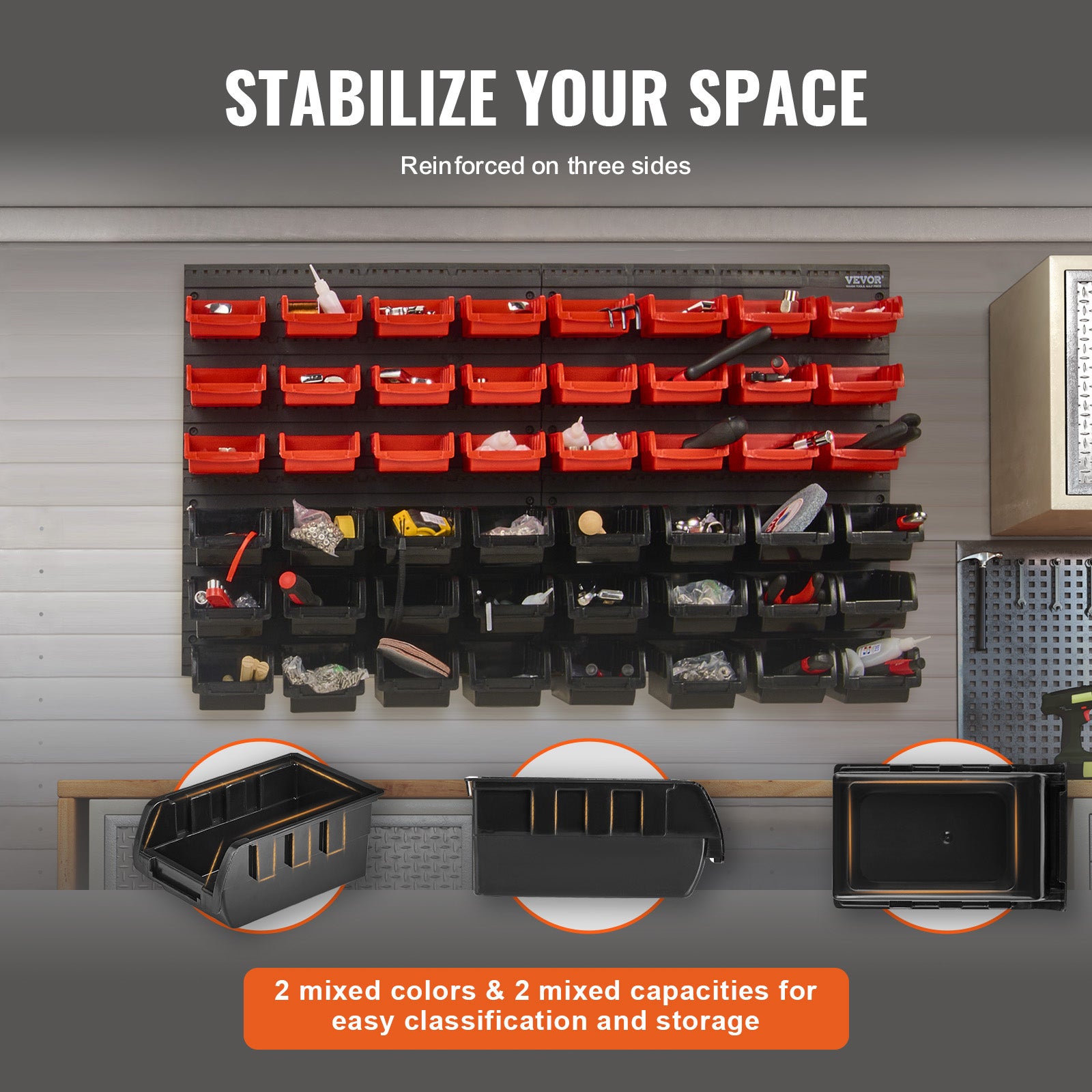 Étagère Bac à Bec Plastique VEVOR,48 Boites Rangement Empilables Atelier Garage avec Panneaux Muraux,Organisateur Outil pour Écrous,Boulons,Noir/Rouge - 4