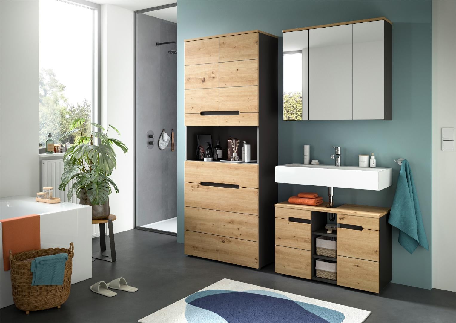 Canu armoire haute pour salle de bain 4 portes, 1 tiroir, 1 étagère chêne décor, gris. - 6