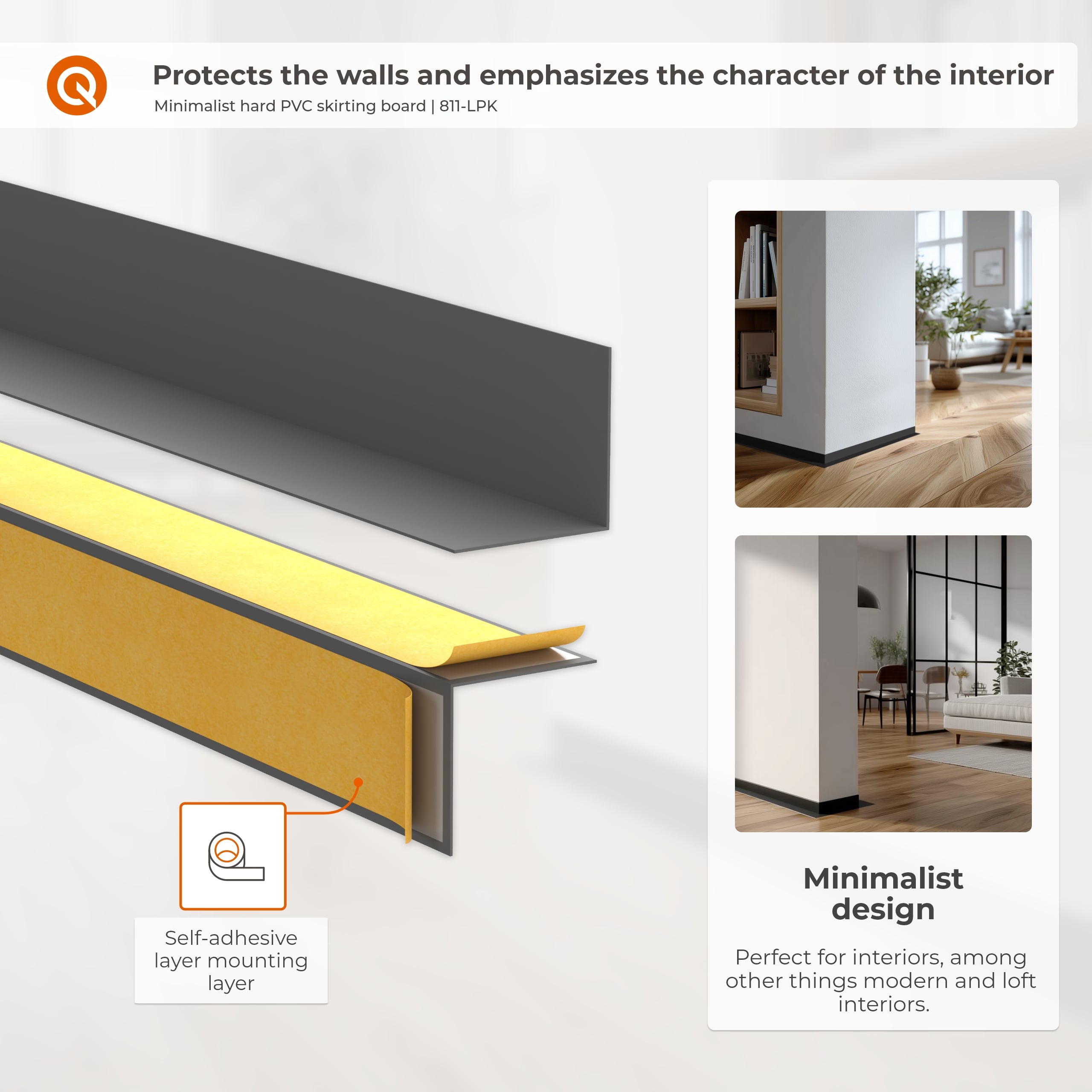 Battiscopa PVC rigido adesivo 20x10 mm - decorativo, resistente UV, 200 ...