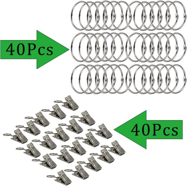 40 Pièces Anneaux Rideaux Avec Pinces Métal Argent - Diamètre Intérieur 35mm