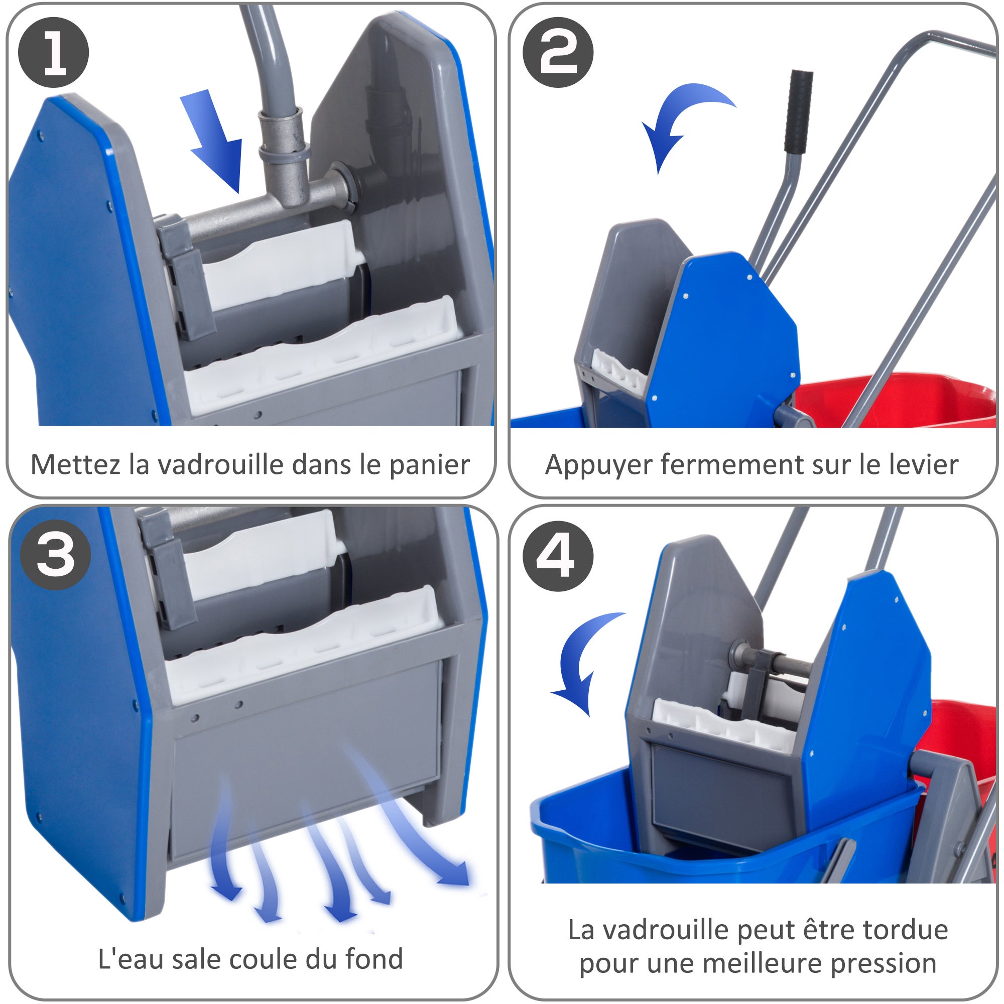 Chariot de lavage - chariot de nettoyage - HOMCOM - professionnel presse mâchoire 2 seaux 25 L mobile - plastique - gris bleu rouge - 6