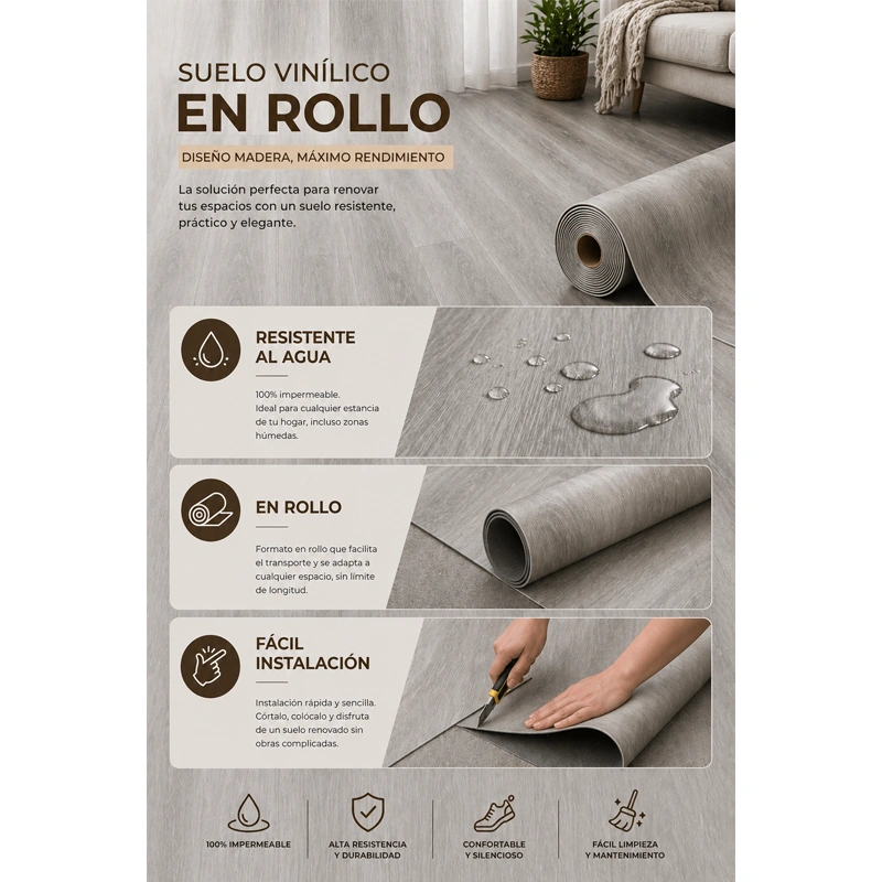 Arquiservi - Suelo Sintasol Vinílico en Rollo 1x25m (25m²) para Dormitorios y Habitaciones. Impermeable, flexible, antideslizante. Color Teca Gris - 3