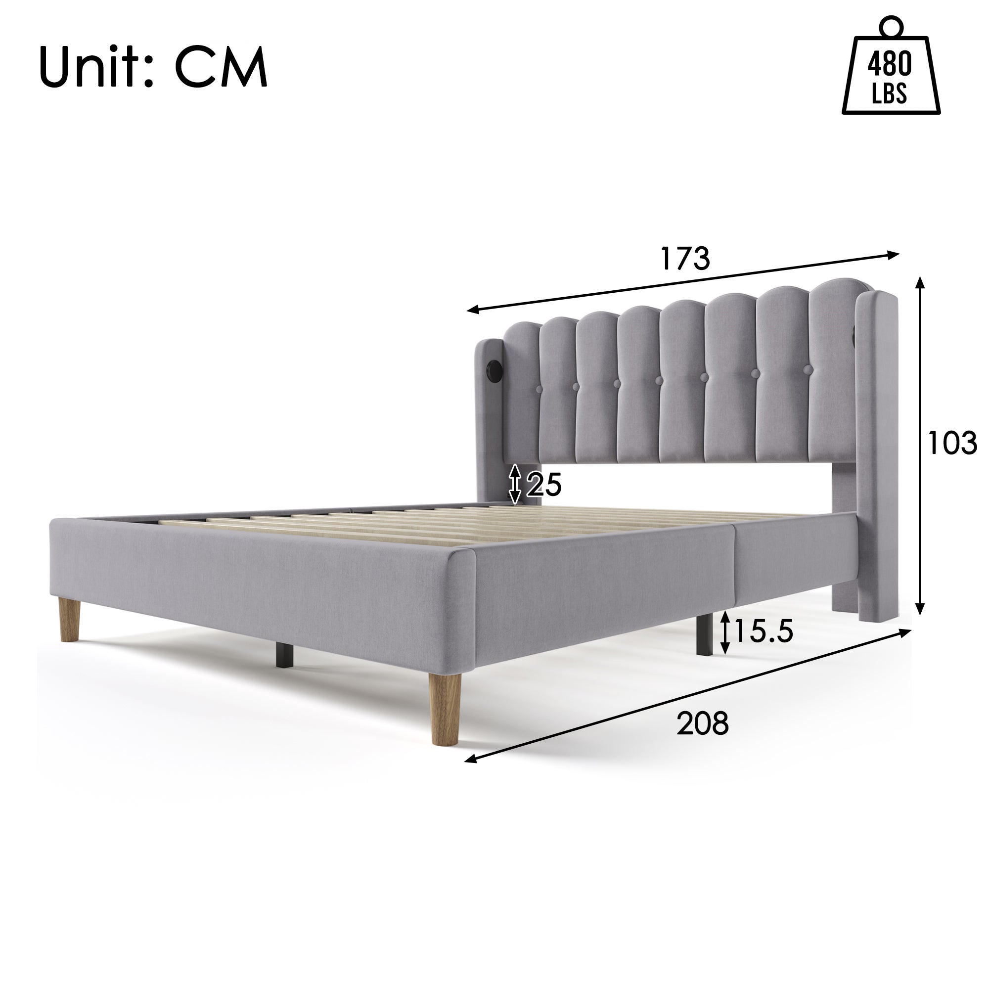 Lit double 160x200 cm tête de lit rembourrée avec chargement USB Type-C sommier en lin gris (sans matelas) - 3