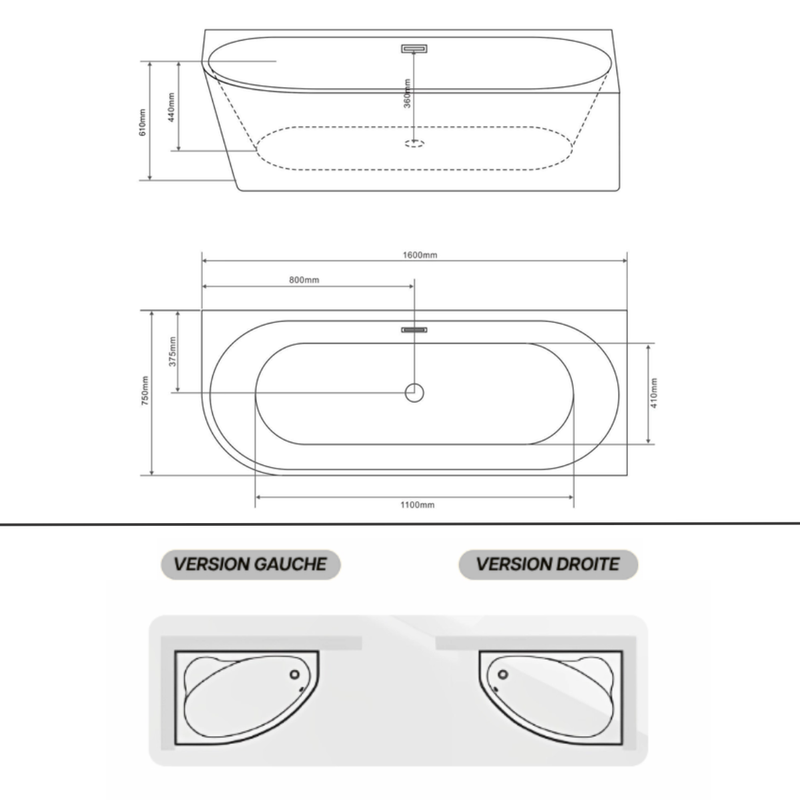 Baignoire d’angle droite avec vidage – 160 x 75 cm – Blanc brillant – LUXA - 9