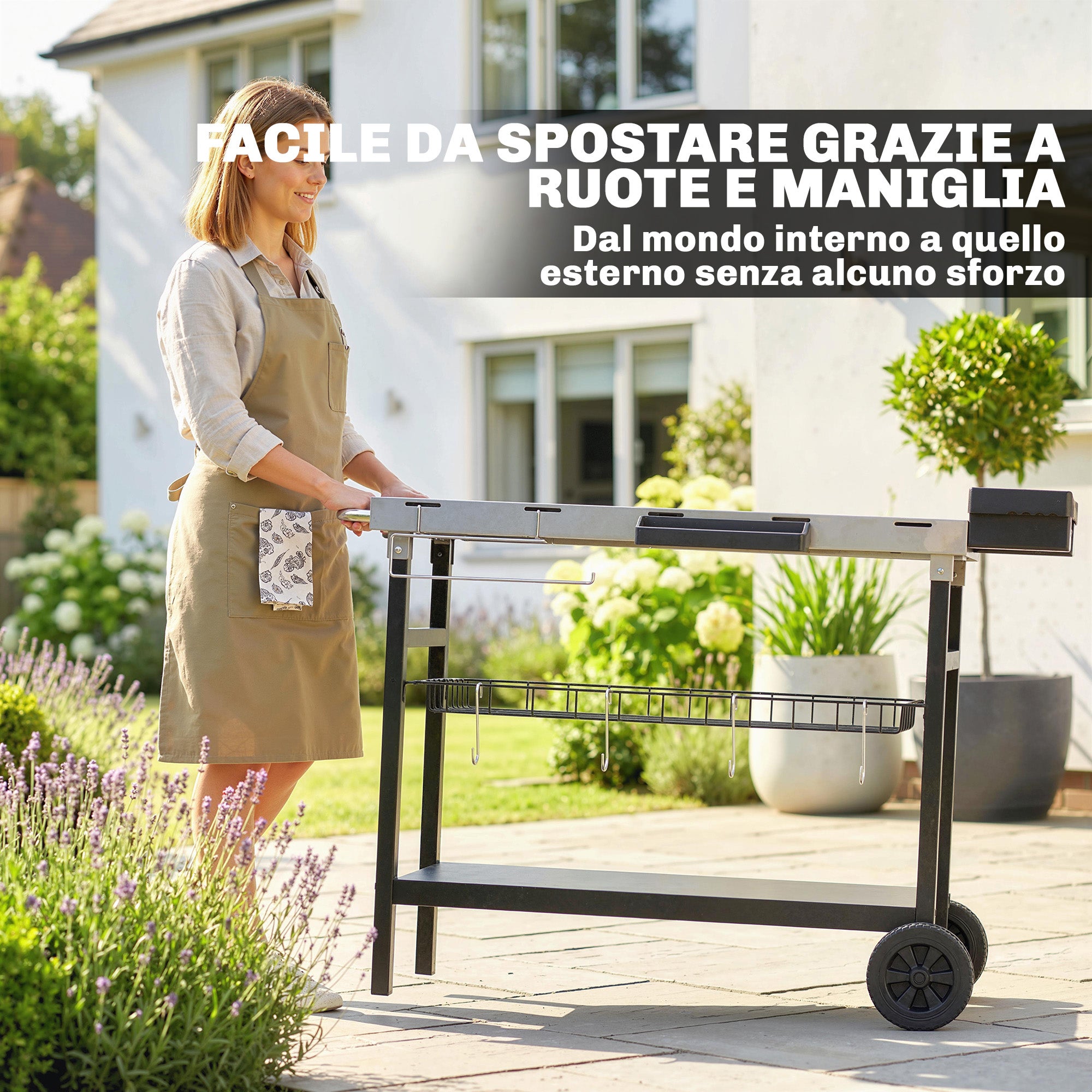 Outsunny Carrello Barbecue da Esterno con Piano in Acciaio Inossidabile, Porta Spezie, Ganci e Maniglia Laterale, Nero - 7