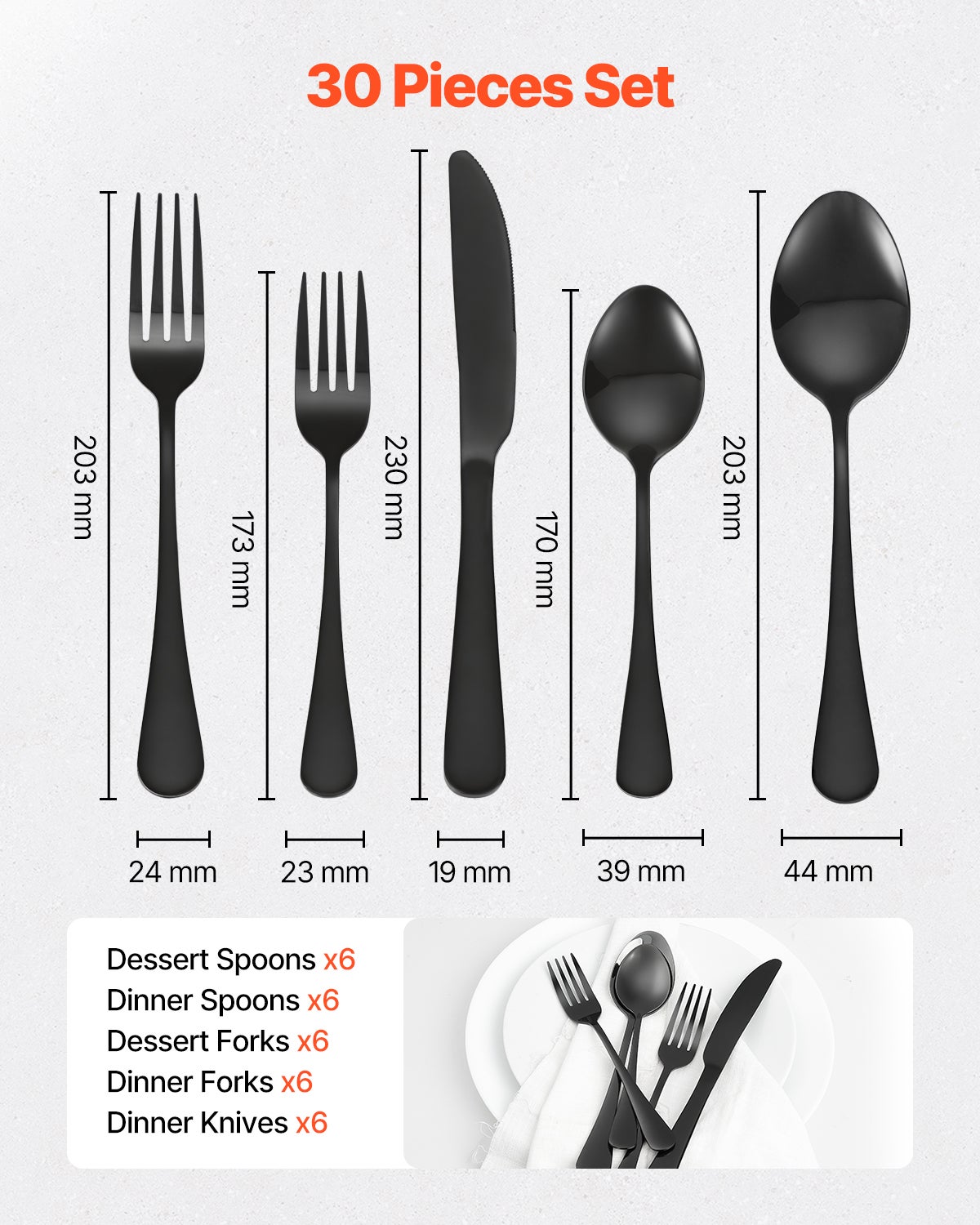 Set Posate 30 Pezzi,VEVOR Posate Acciaio Inox Alimentare,Finitura Lucida,Lavabile in Lavastoviglie,Coltello,Forchetta,per Cucina e Casa,Nero - 2