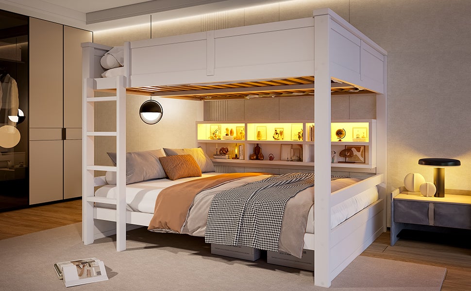 Lits superposés 2 x 160 x 200 cm avec 6 compartiments - Pin + MDF - LEDs - Sommier à lattes inclus - Blanc (Sans matelas) - 7