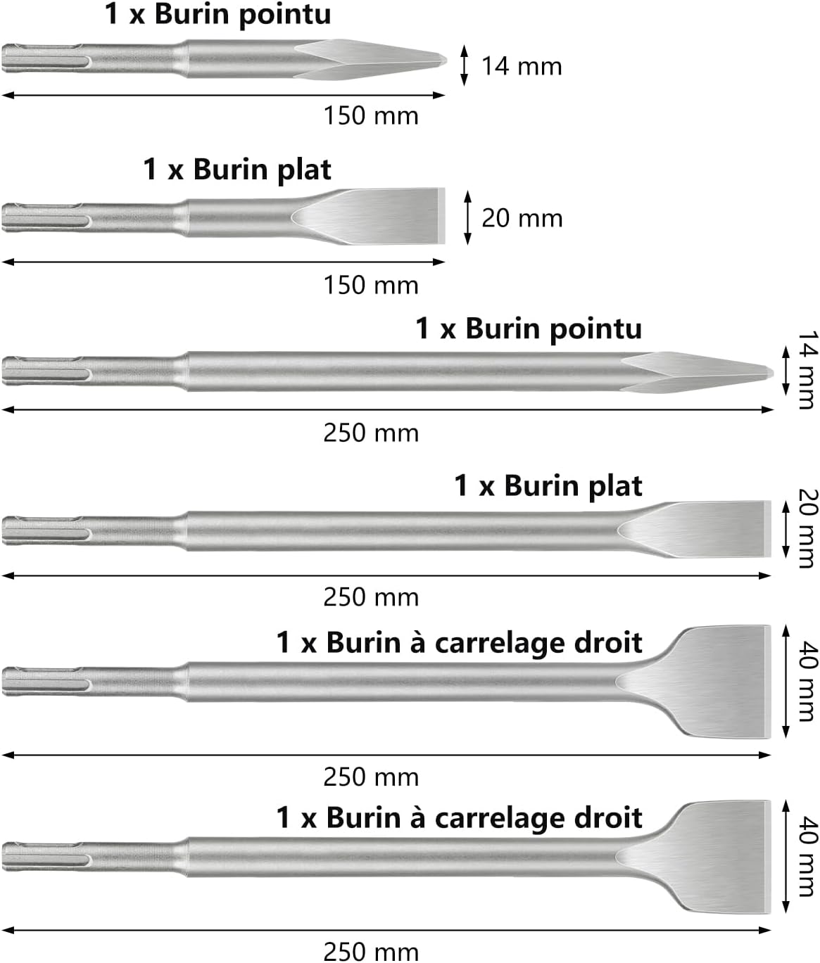 Jeu De 4 Burins SDS-Plus 250 Mm – Burin Plat, Pointe, Carrelage, Maçonnerie – Acier 40CR Trempé Pour Béton Pierre Brique