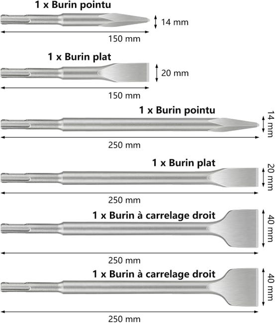 Jeu De 4 Burins SDS-Plus 250 Mm – Burin Plat, Pointe, Carrelage, Maçonnerie – Acier 40CR Trempé Pour Béton Pierre Brique