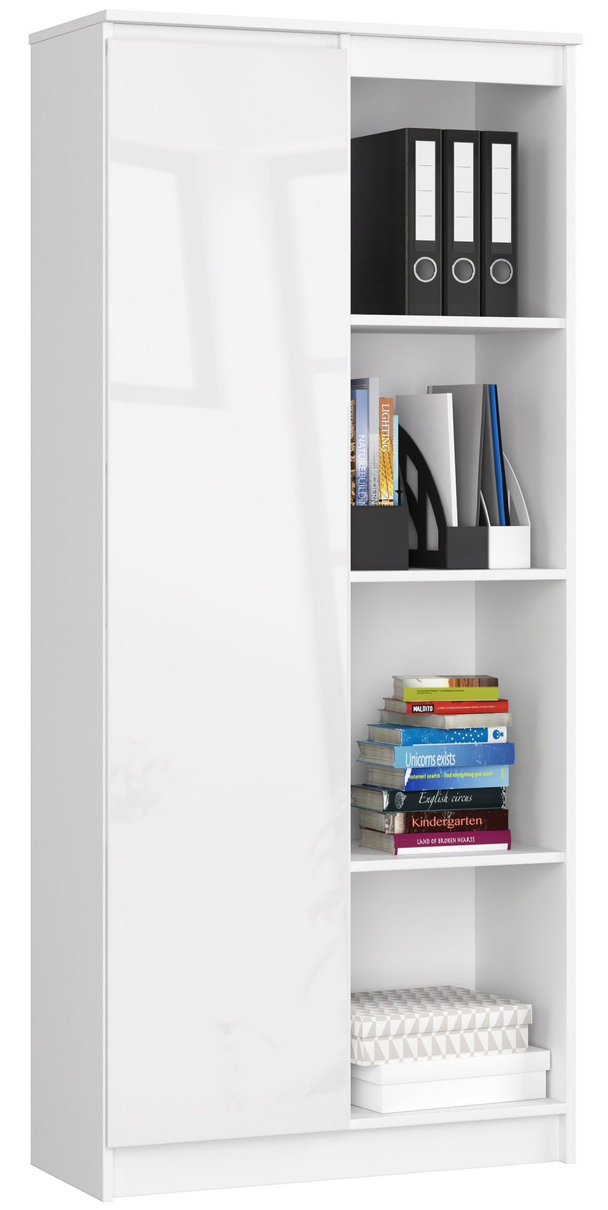Regał AKORD R80 Biały 80 cm 1 drzwi kolor Biały Połysk 8 półek 80x35x180 cm