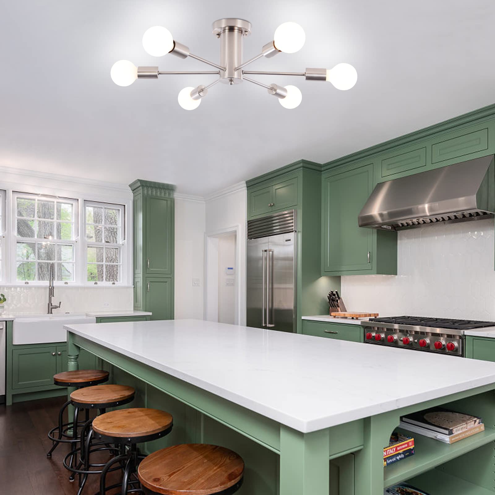 Półwpuszczana lampa sufitowa, sufitowa z 6 punktami świetlnymi, nowoczesny żyrandol satelitarny, z połowy XX wieku, srebrna (żarówki nie są dołączone) - 8