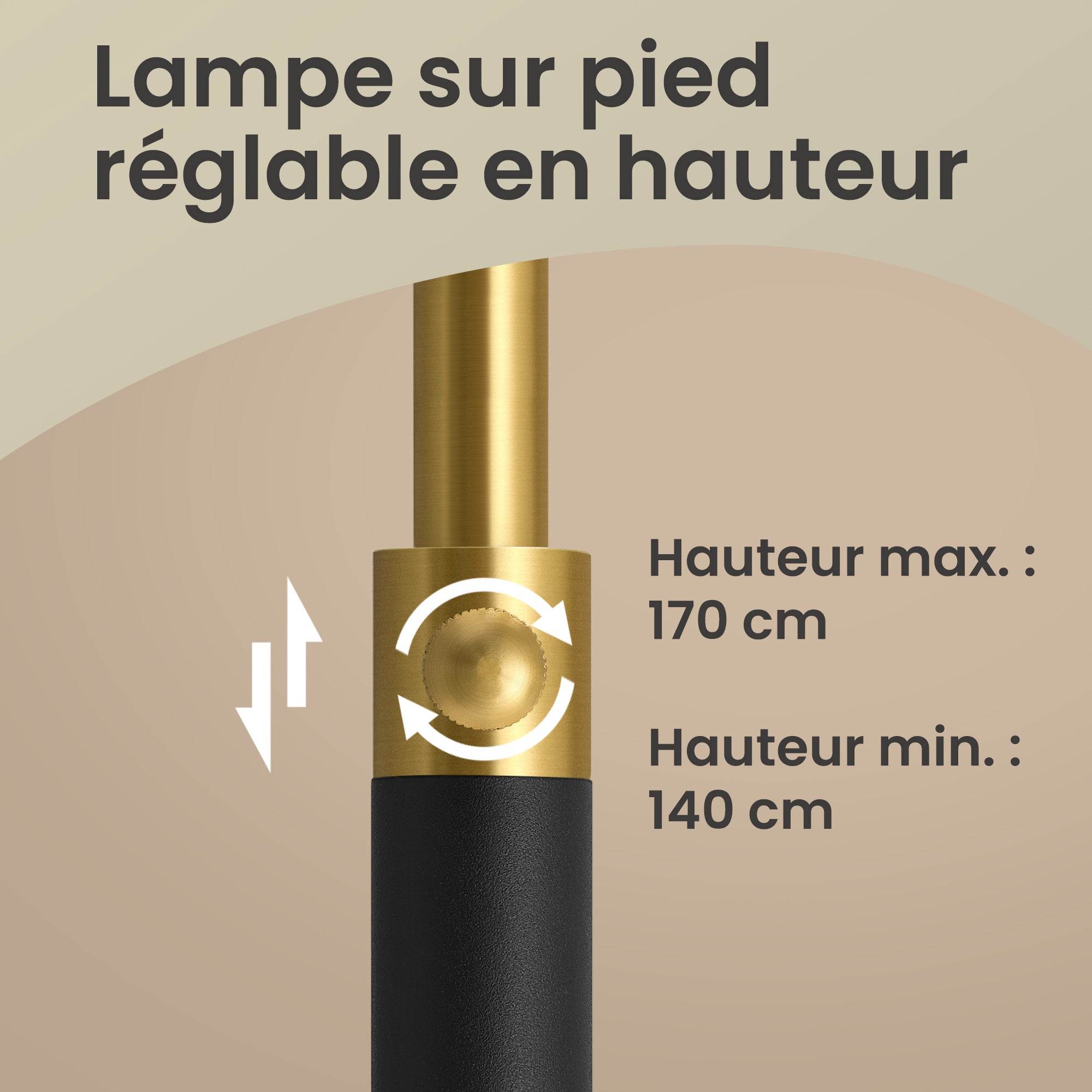 Lampe sur Pied, Douille E27, Hauteur Réglable de 140 à 170 cm, Interrupteur au Pied, Abat-Jour en Tissu, Doré et Noir - 6
