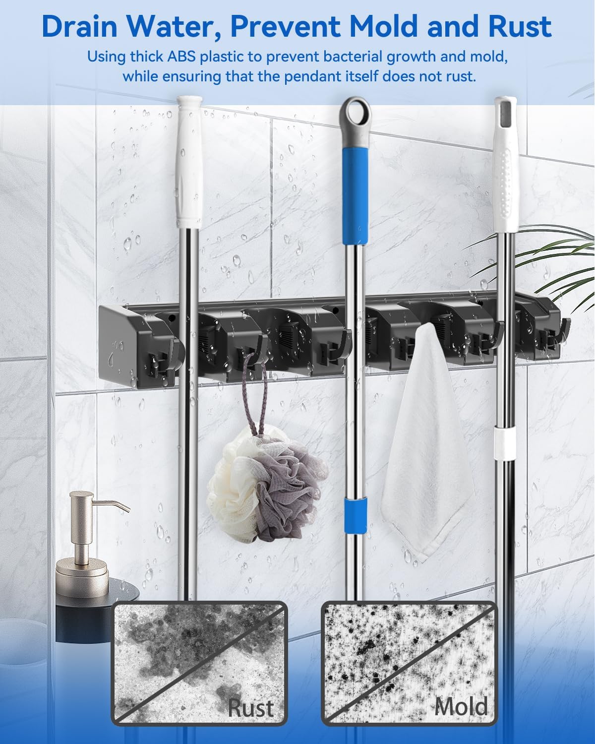 Porte-balais mural, porte-balais mural avec 5 supports et 6 crochets, support d'outils mural - 2
