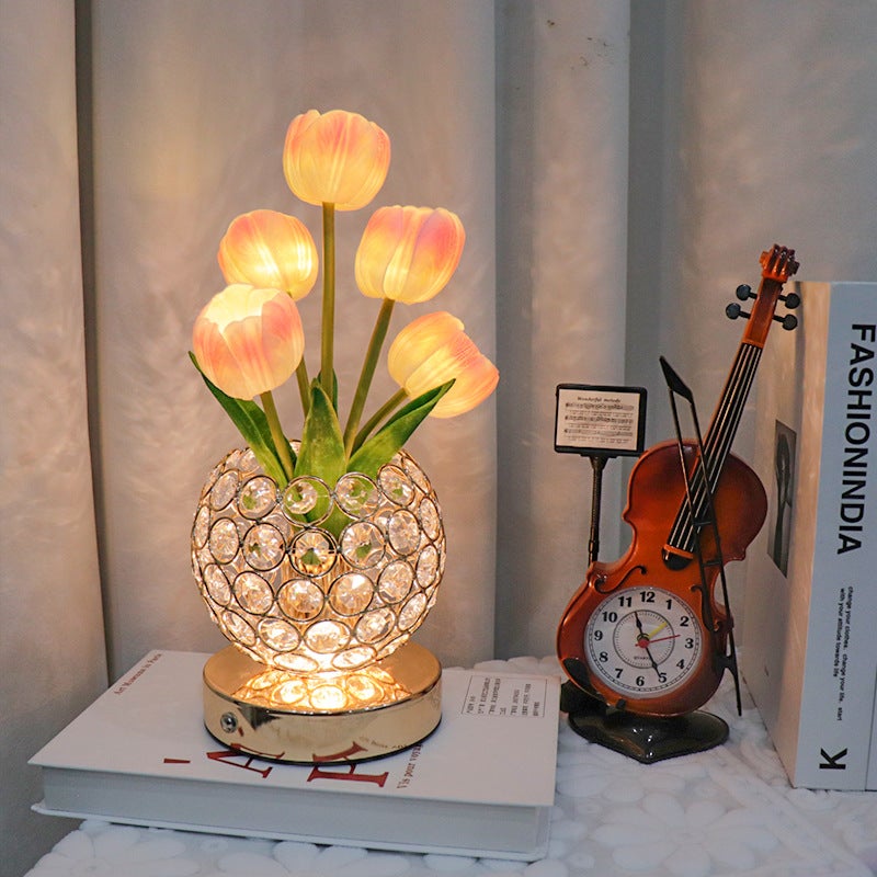 Lampy w kształcie tulipanów, lampa stołowa z ładowaniem USB, lampka biurkowa LED, analogowa lampka nocna w kształcie tulipana z wazonem, różowe