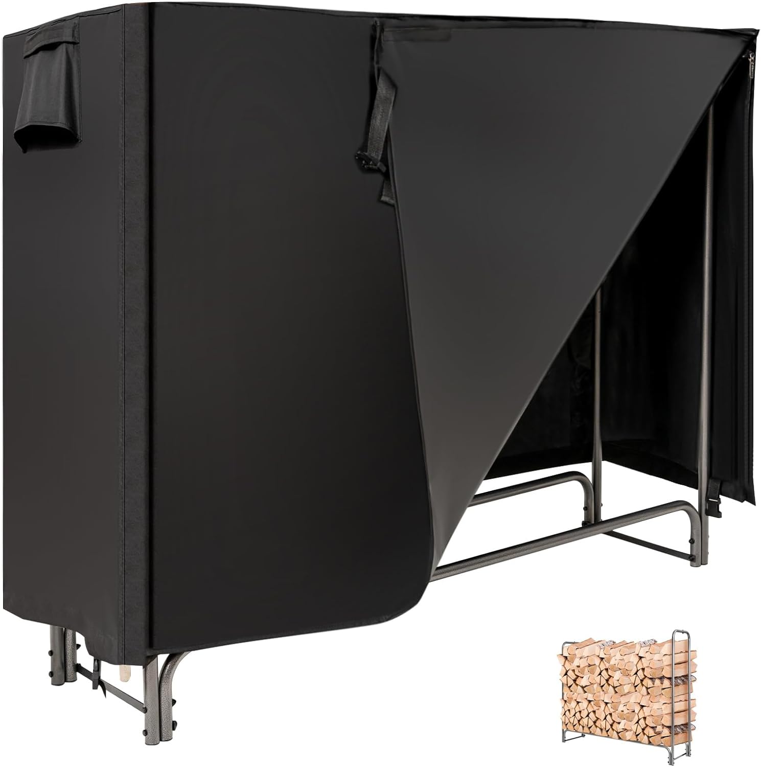 Stojak na Drewno na Zewnątrz 153 x 35,5 cm, z Wodoodpornym Pokrowcem z PVC, Stojak na Drewno Opałowe, Wysokość 122,5 cm, Czarny