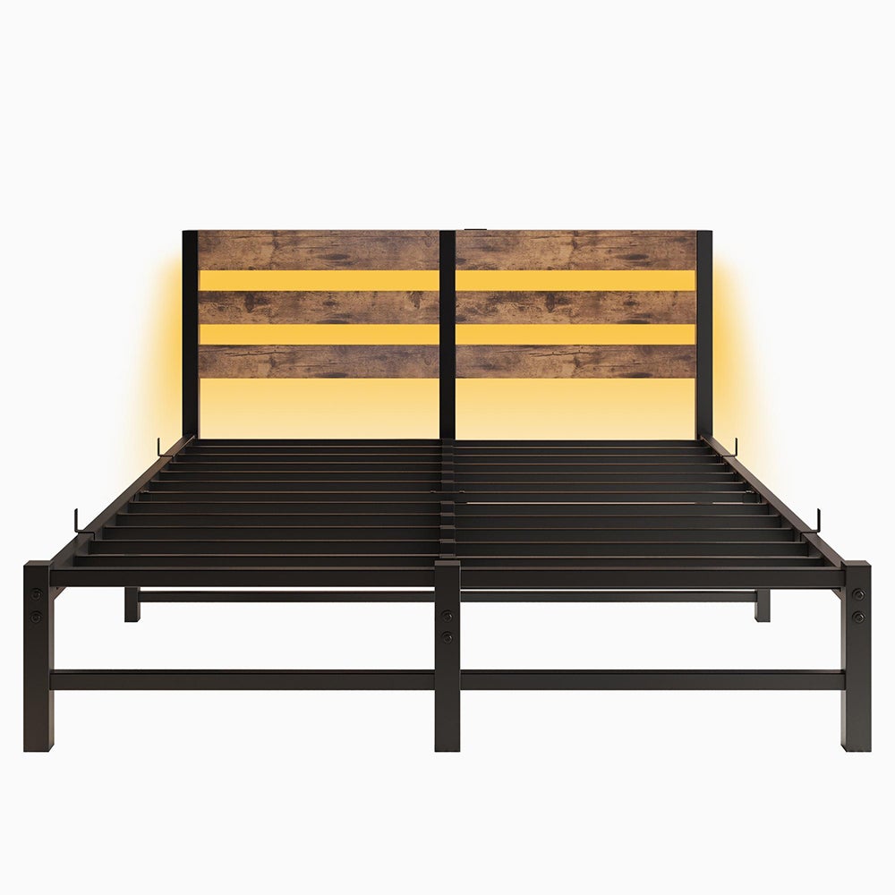 Łóżko dla dorosłych z oświetleniem LED i stacją ładującą USB, metalowa konstrukcja, materac nie wchodzi w skład zestawu, brązowe - 140 x 190 cm - 5