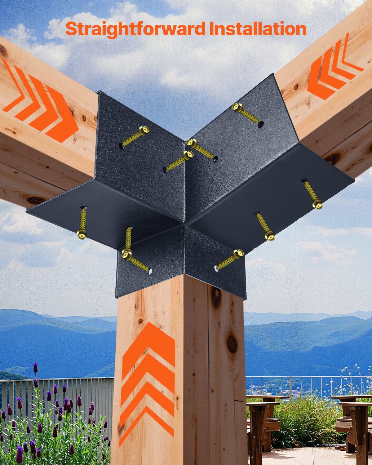 Kit Support de Pergola,Lot de VEVOR 6,pour Poteaux Bois 92x92 mm,2 Angles 3 Voies,2 Bases Sol & Mur,Toit Incliné,Extérieur Fête Jardin - 7