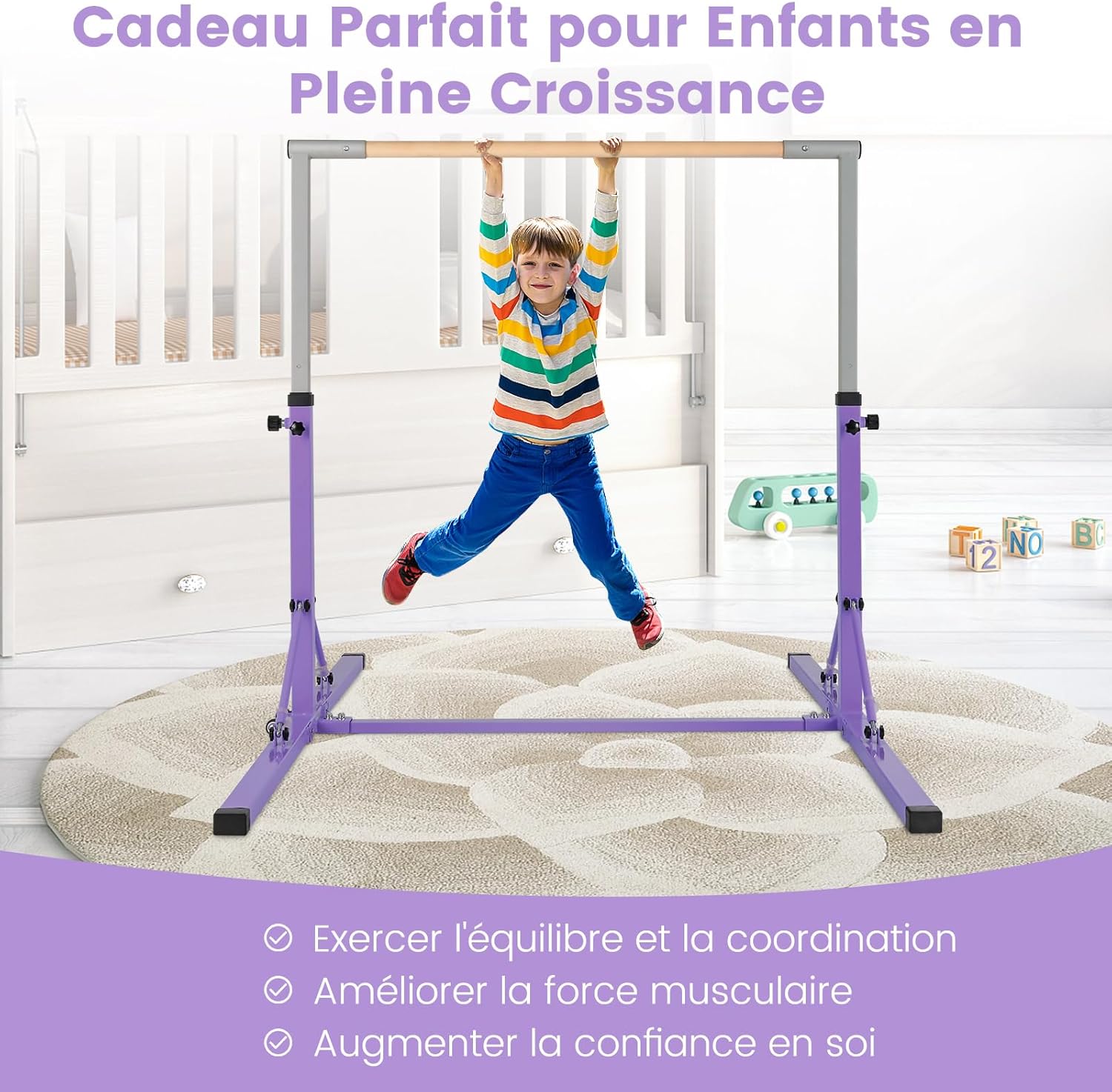 Barre de Gymnastique Pliable pour Enfants avec 13 Hauteurs Réglables (90-150cm), Barre d'Entraînement Extensible (Violet) - 8
