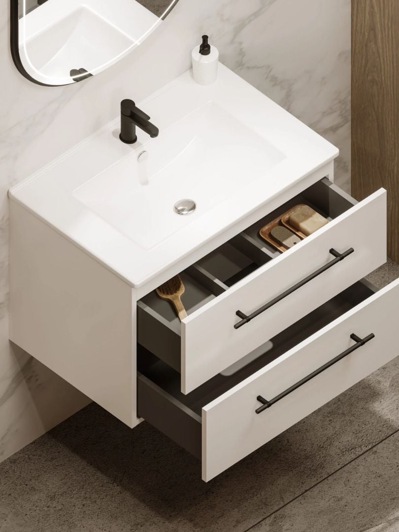 Zestaw szafka łazienkowa z umywalką ceramiczną Uptrend NAVA 70, Biały Mat - uchwyt czarny mat 1 kpl. - 3