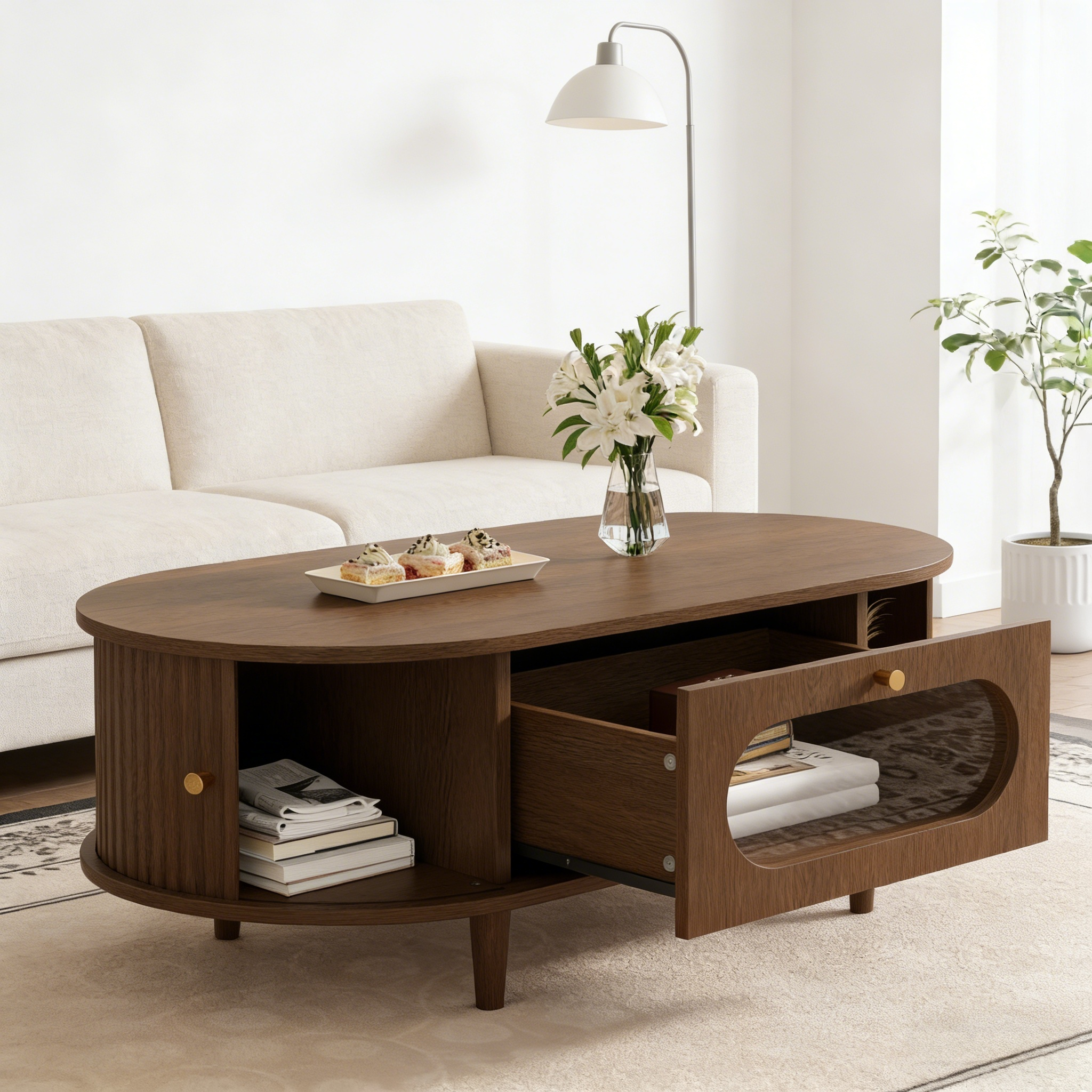 Owalny stolik kawowy z 2 drzwiami przesuwnymi i 1 szufladą - 100 x 50 x 36 cm - MDF - Orzech - 9