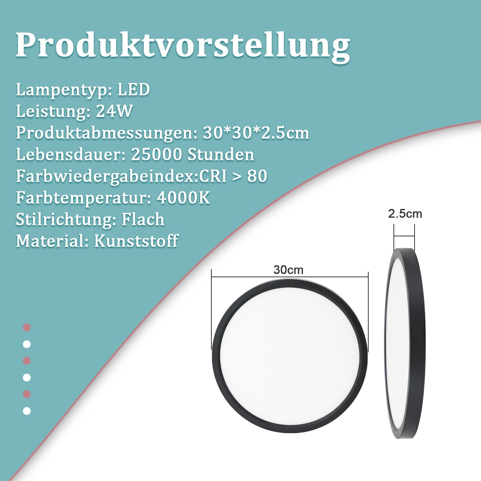 NETTLIFE Plafón LED Plano Negro 4000K Dormitorio 24W Baño Pasillo Redondo para Cocina - 3