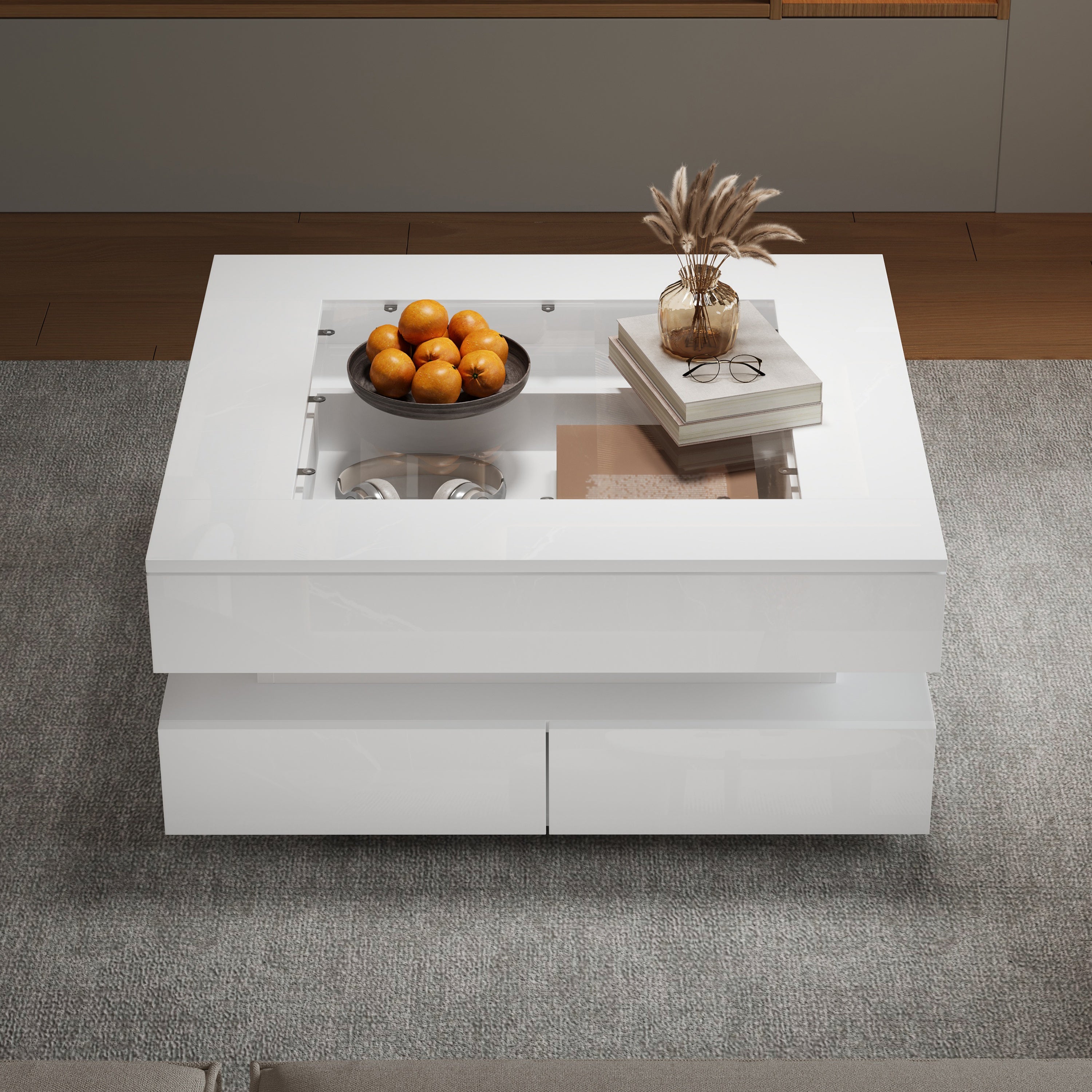 Stolik kawowy 70x70x35 cm - Z oświetleniem LED - 3 szuflady - Szklany blat - Lakier na wysoki połysk - Biały - 3