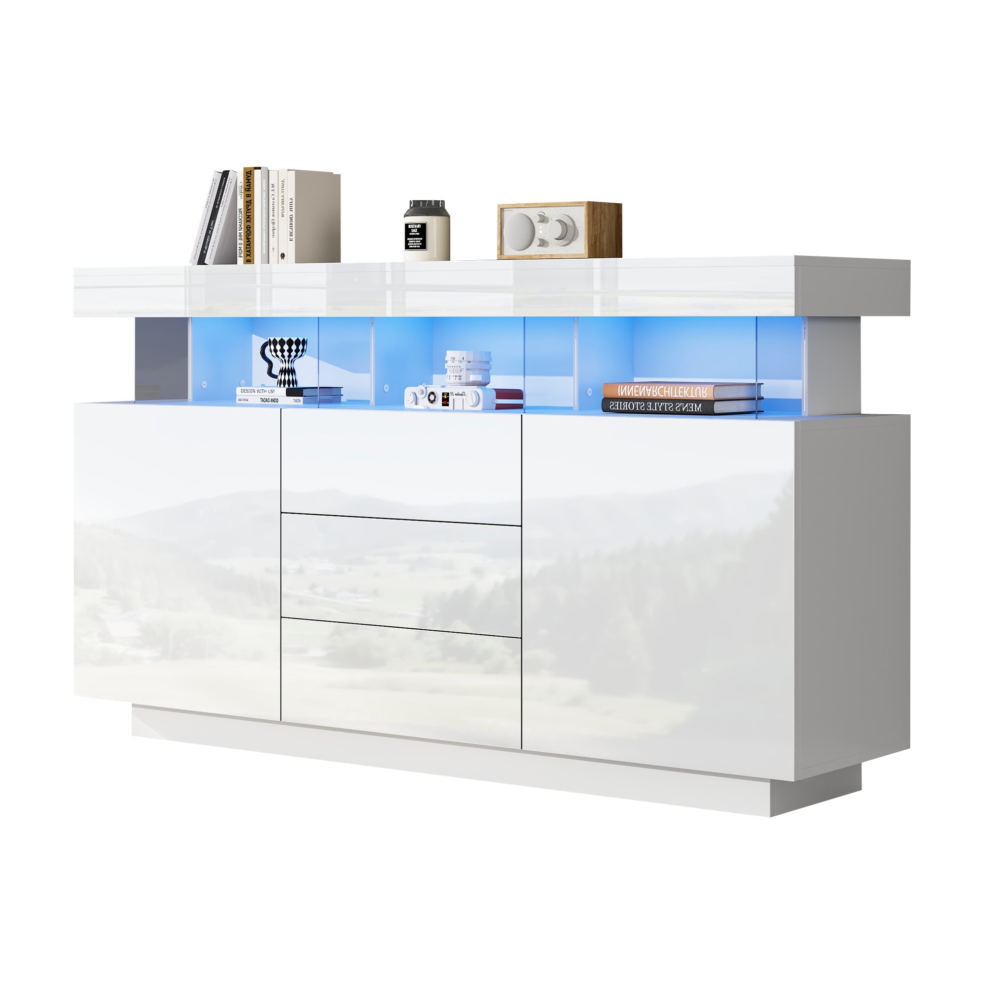 Credenza bassa moderna con 2 ante e 3 cassetti - 140 x 35 x 80 cm - LED - Pannello truciolare e acrilico - Bianco lucido - 7