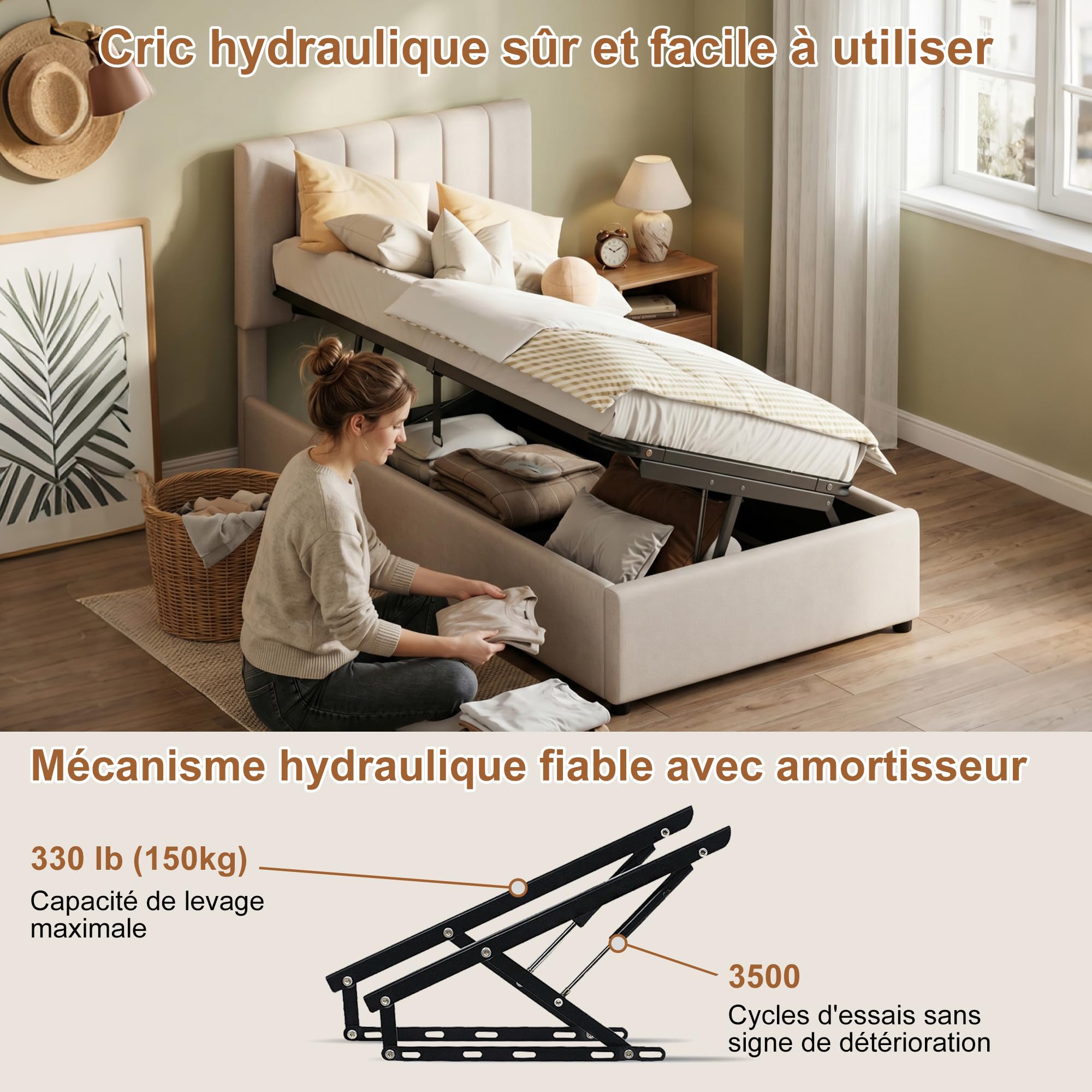 Lit Coffre 90x200 cm, Lit Capitonné Enfant avec Coffre de Rangement Hydraulique et Sommier à Lattes, Tête de Lit Réglable, Sans Matelas, Beige - 3