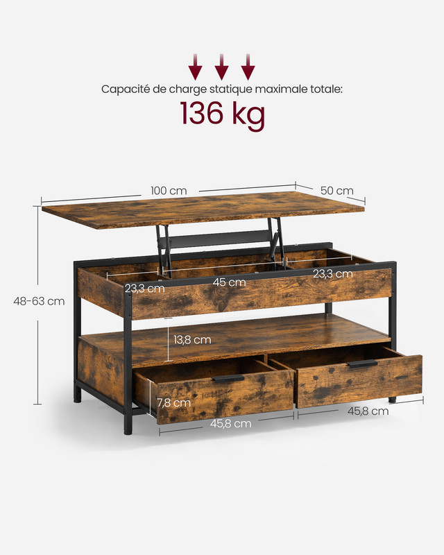 Table de Salon avec Plateau Relevable, avec Rangement Ouvert et Compartiment Caché, Marron Rustique et Noir d’Encre - 5