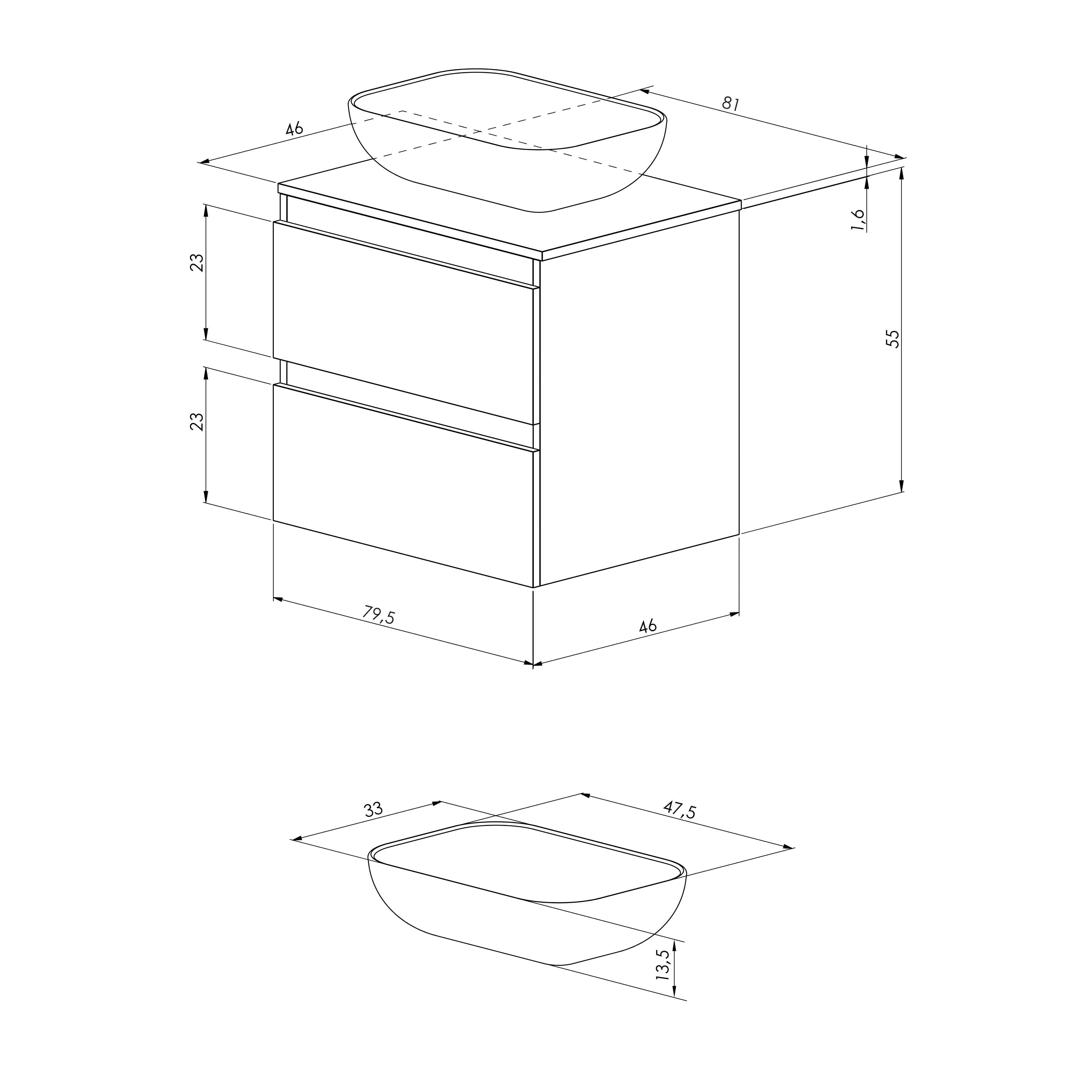 BELLOBATH - Móvel com Lavatório de Cerâmica, Móvel Montado com 2 Gavetas, 80 x 55 x 46 cm, Móvel Branco e Tampo Carvalho - 4
