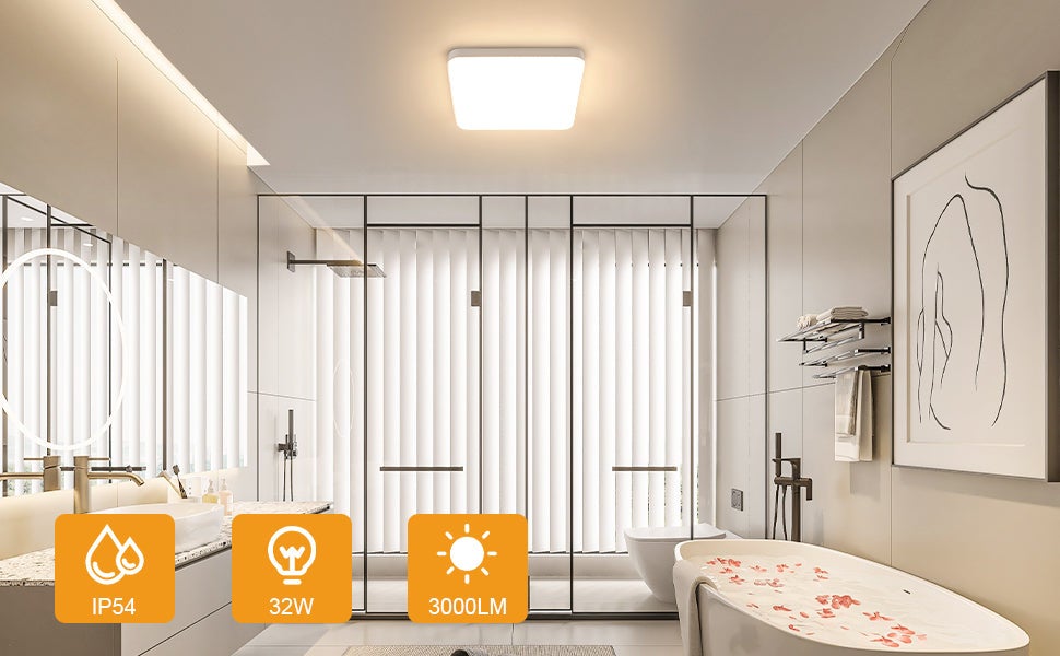 Plafonnier LED salle de bain GOECO, D.25cm 32W 2800 lm IP54 Lumière chaude 3000K, blanc carré lampe de plafond pour couloir, cuisine, chambre - 9