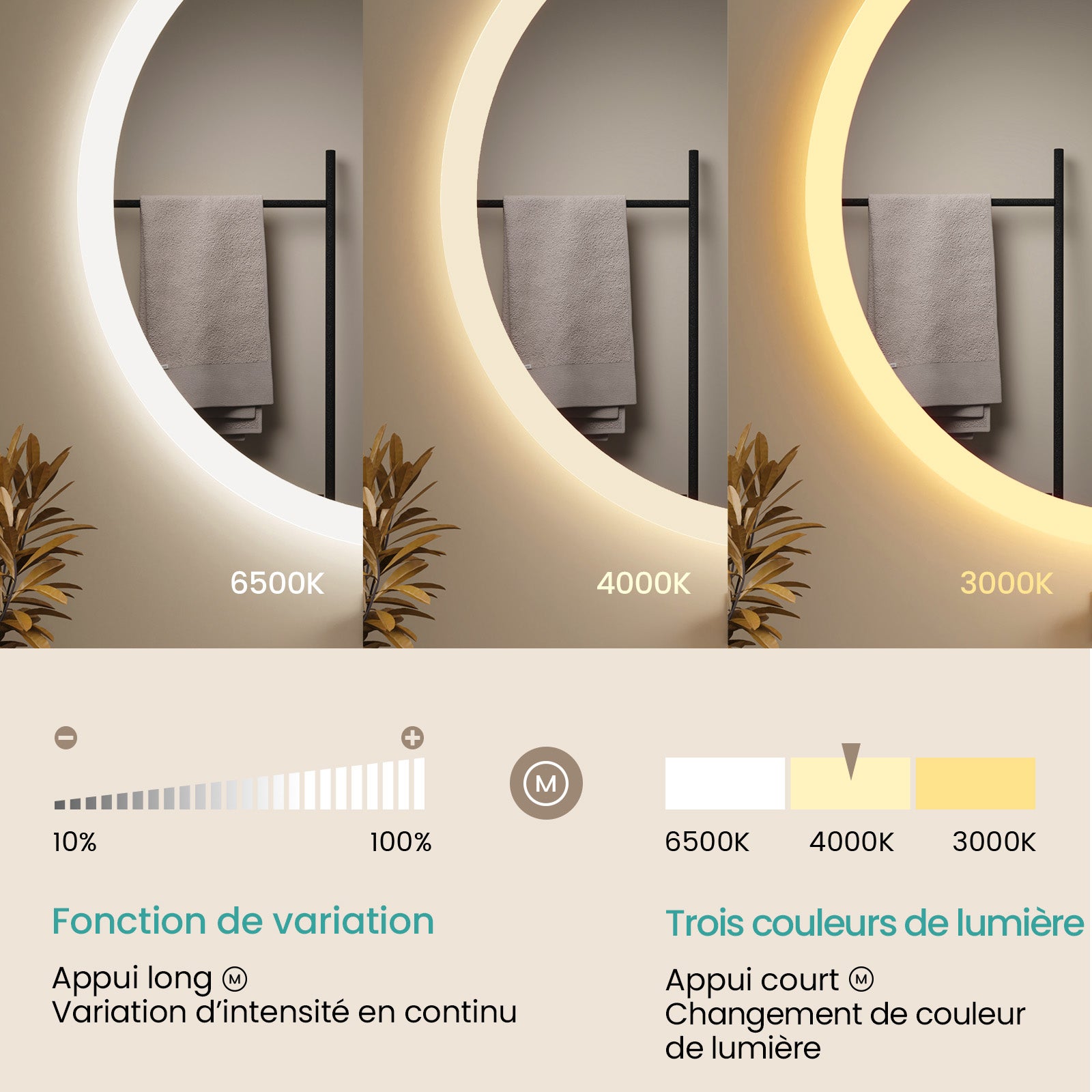 EMKE Miroir lumineux salle de bain rond diamètre 50cm, Miroir LED avec Interrupteur Tactile, Anti-buée, Miroir avec éclairage 3 couleurs - 3