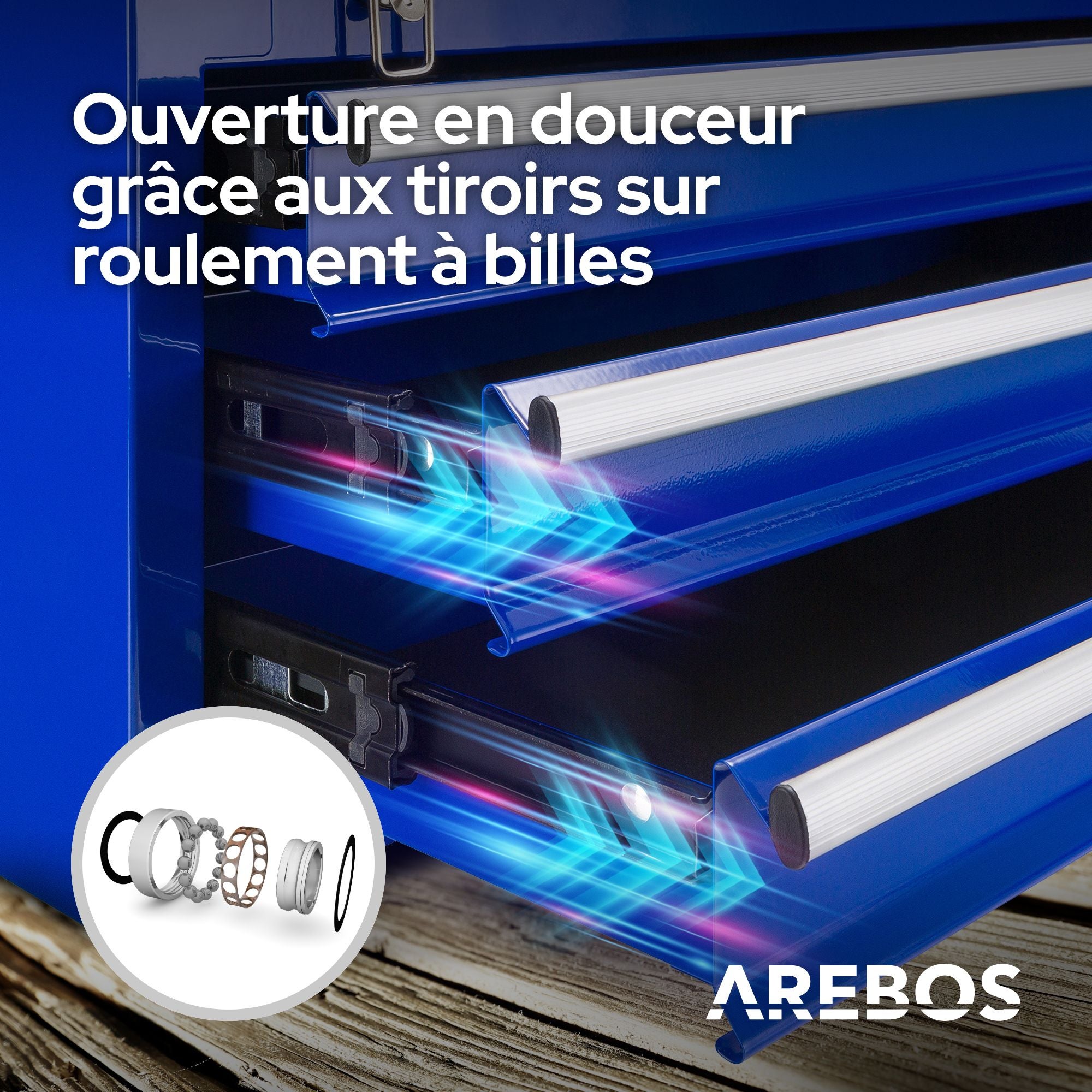 AREBOS Boîte à outils avec 3 tiroirs et 2 compartiments de rangement Bleu Poignée de transport et fermetures à pression Coffret à Outils Tapis - 7