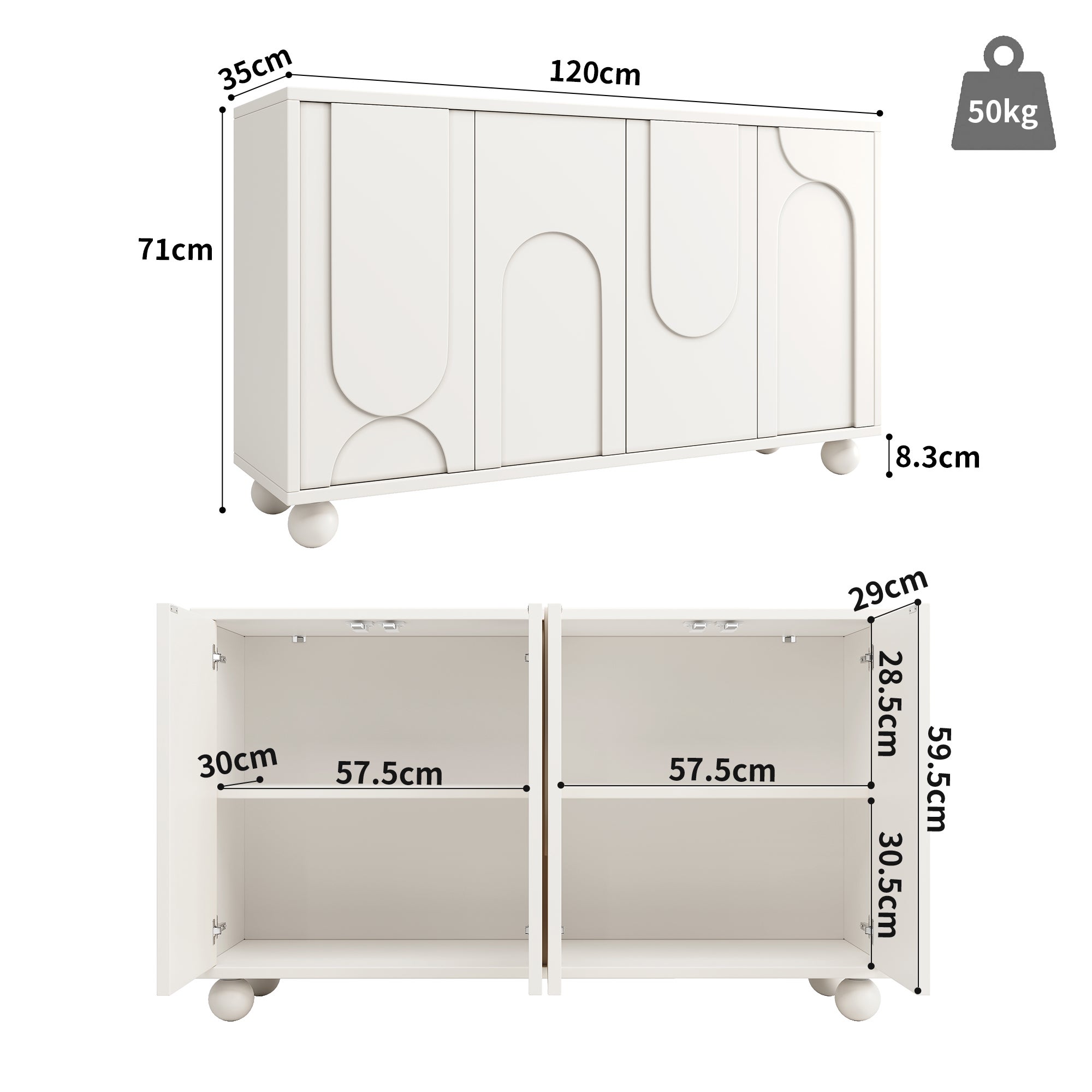 Buffet avec espace de rangement et 4 portes, MDF, 120×35×71 cm, blanc - 4