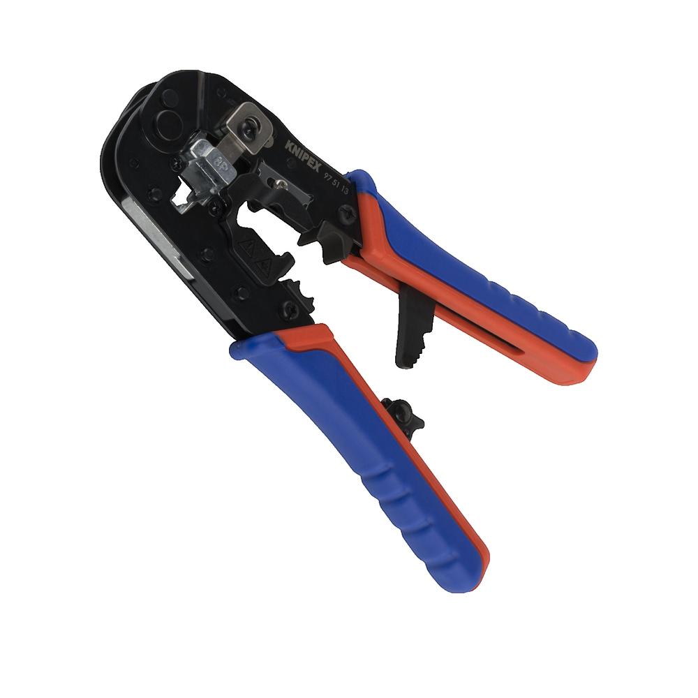 Narzędzie do zaciskania KNIPEX do wtyczek RJ45, ergonomiczne uchwyty, szybkie cięcie i ściąganie izolacji