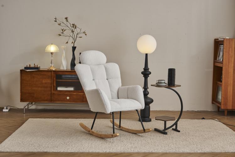 Chaise à bascule en tissu Teddy doux, matelassée, avec dossier en mousse, structure bois et base métallique noire, blanche, pour salon et chambre - 7