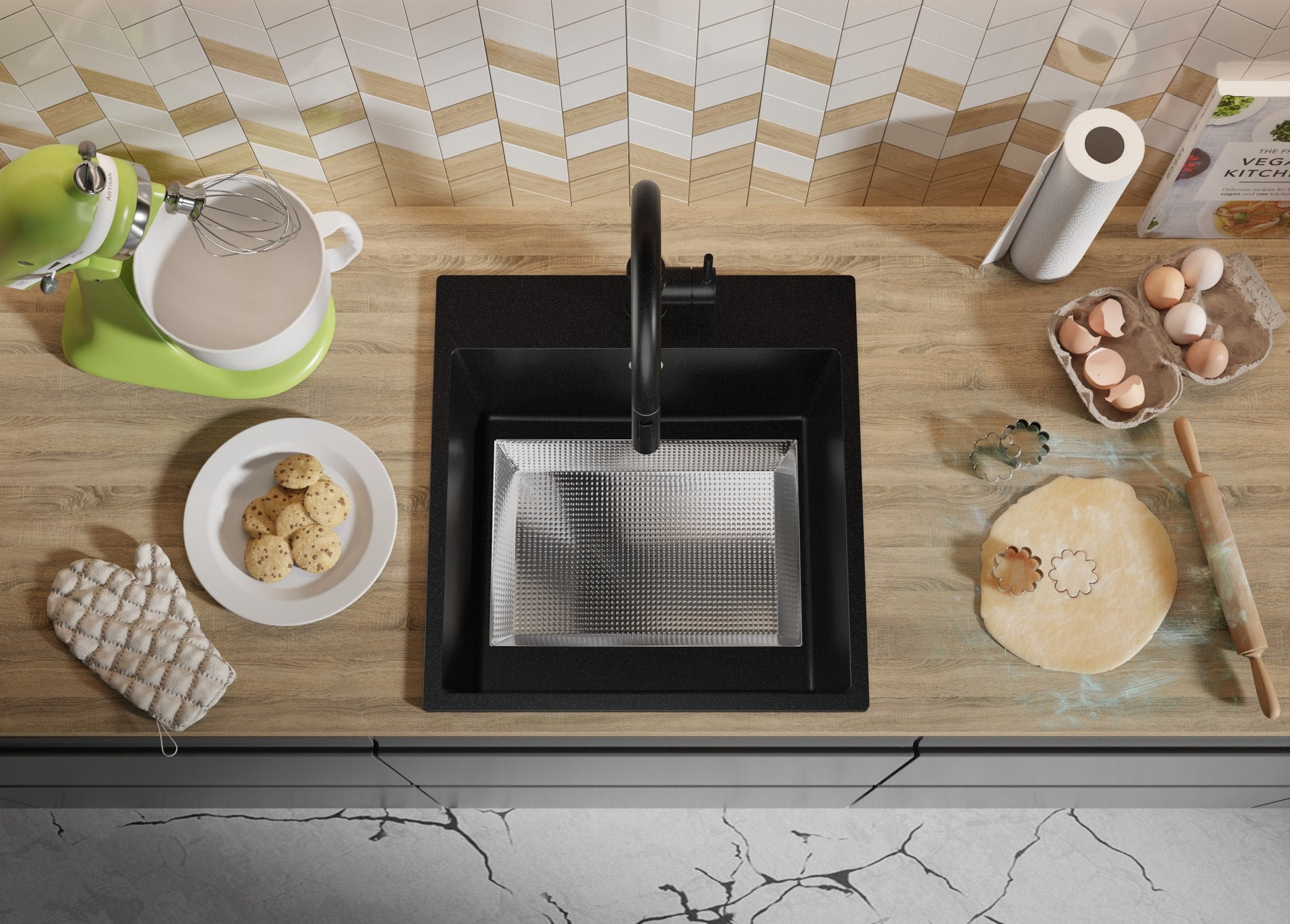 Evier Cuisine en Granit Noir 48x50cm, Lavabo 1 bac + Kit de Vidage, Évier à Encastrer au meuble 50cm - Riga PRIMAGRAN - 8