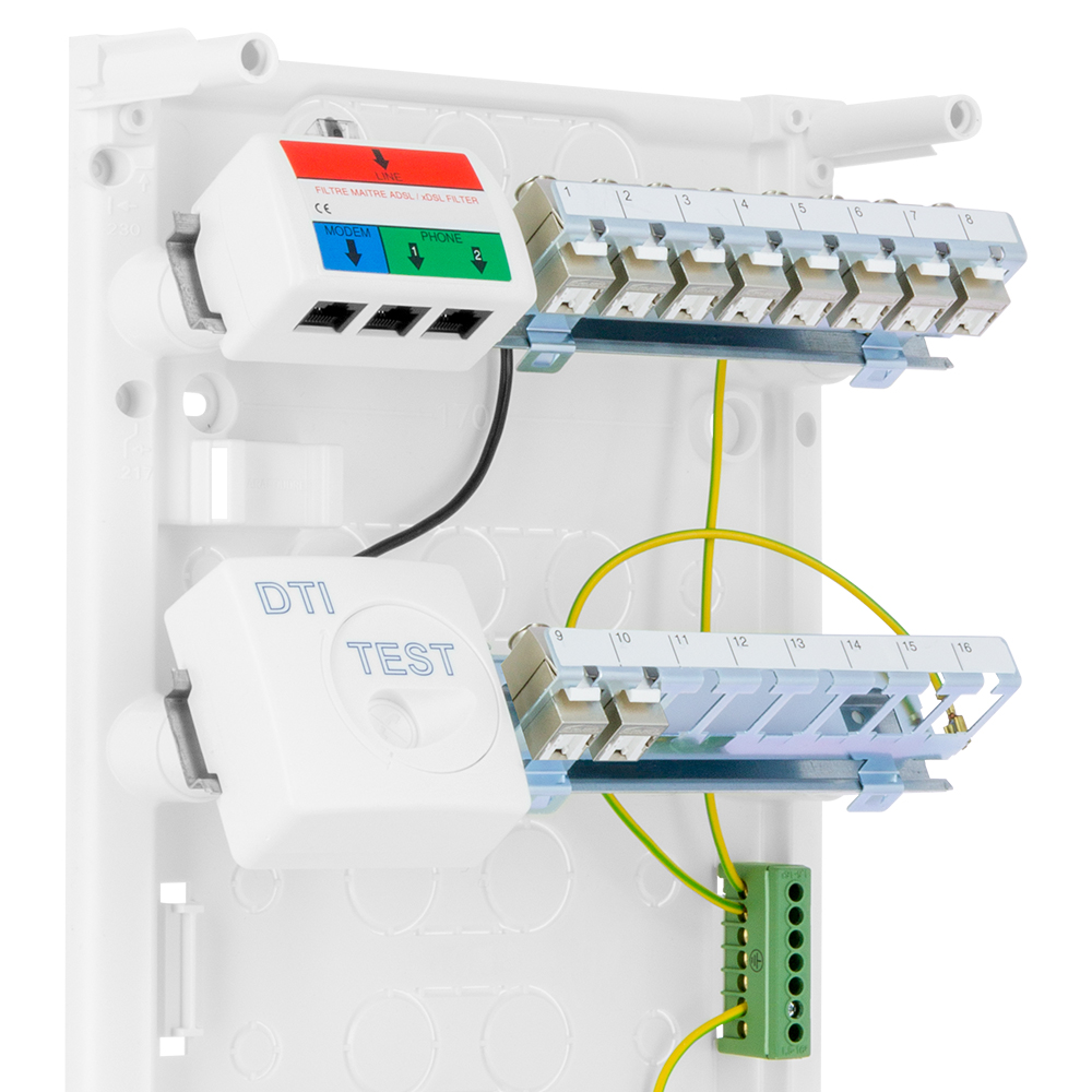 Coffret communication Siemens, grade 3 TV, 10 connecteurs RJ45 cat.6A STP, prêt FTTH, 2 prises courant, évolutif jusqu'à 16 connecteurs - 4