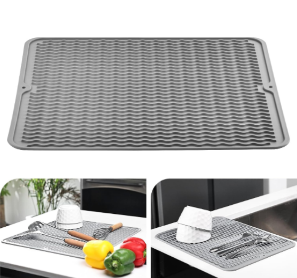 Tapis égouttoir Vaisselle En Silicone – 50x40 Cm, Pliable, Antidérapant, Résiste à 230°C, Noir, Facile à Nettoyer