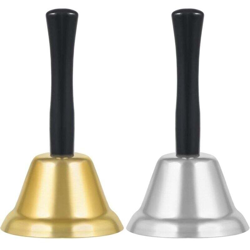 2 bucăți de clopoțel de Crăciun de mână, 7,5 x 12,4 cm, clopoțel de alarmă clar și puternic, cu mâner din lemn pentru decorațiuni de alarmă de Crăciun