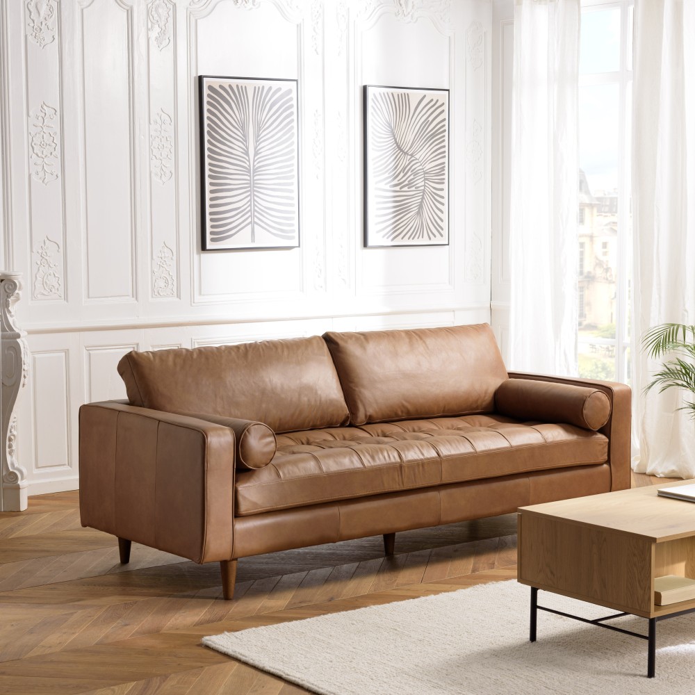 Pierre - sofá de 3 plazas en piel, color caramelo