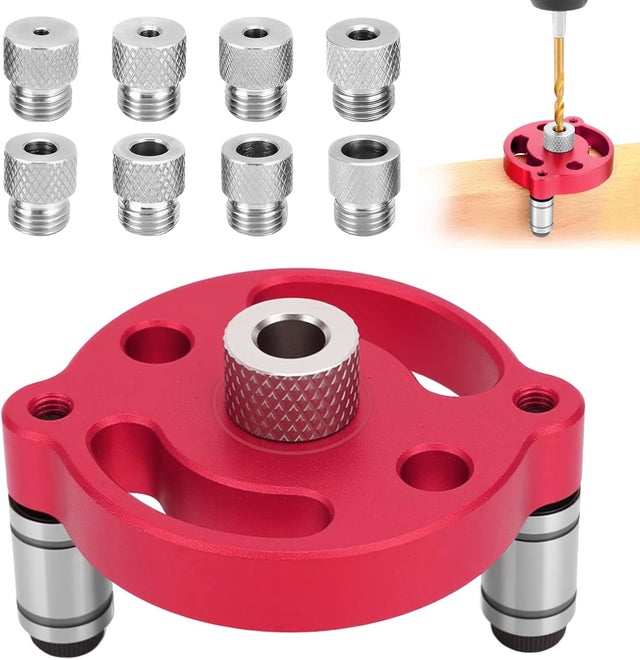 (Rouge)Kit de Recherche de centre de travail pour le bois, Gabarit de Percage Vertical avec douilles de perçage 3/4/5/6/7/8/9/10mm, Guide Percage pour
