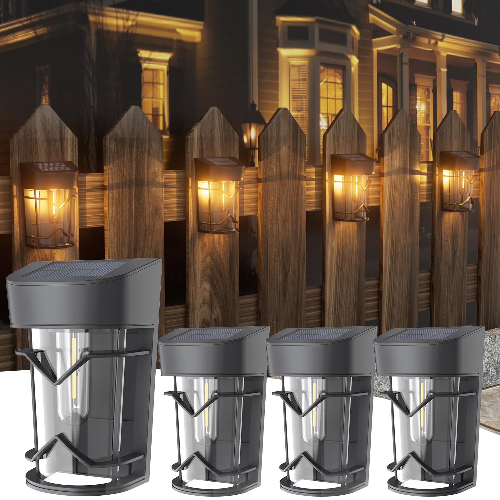 Zestaw 4 wodoszczelnych lamp solarnych zewnętrznych, lampy solarne do ogrodzenia od zmierzchu do świtu, solarne lampy ścienne z żarówkami LED Edison