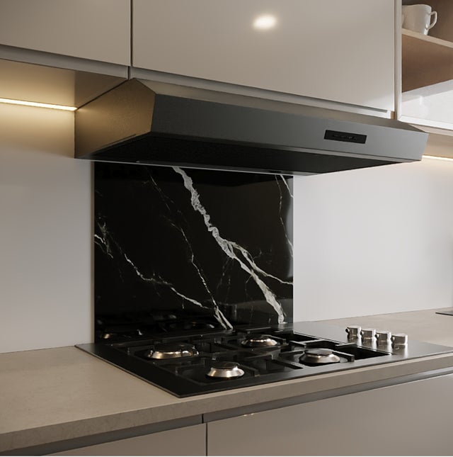 FOND DE HOTTE EN VERRE TREMPÉ EFFET MARBRE NOIR 45x90, 6 mm - 6 Kg - Fabrication Française AURYS NORMANDIE