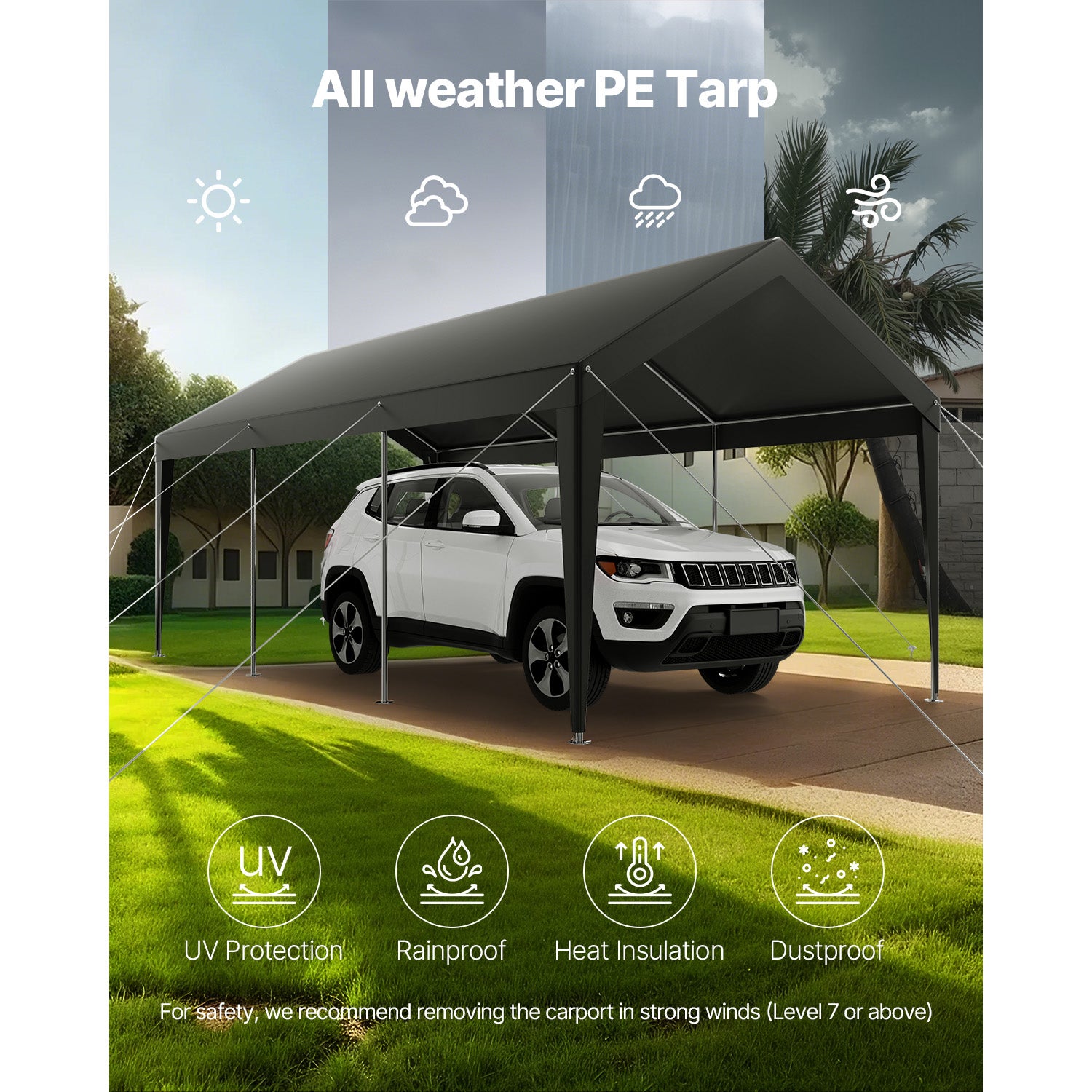 Abri de voiture SucceBuy 3,05 x 6,09 m, structure robuste en acier, garage exterieur resistant aux UV et a leau, protection toute saison pour voitures - 6