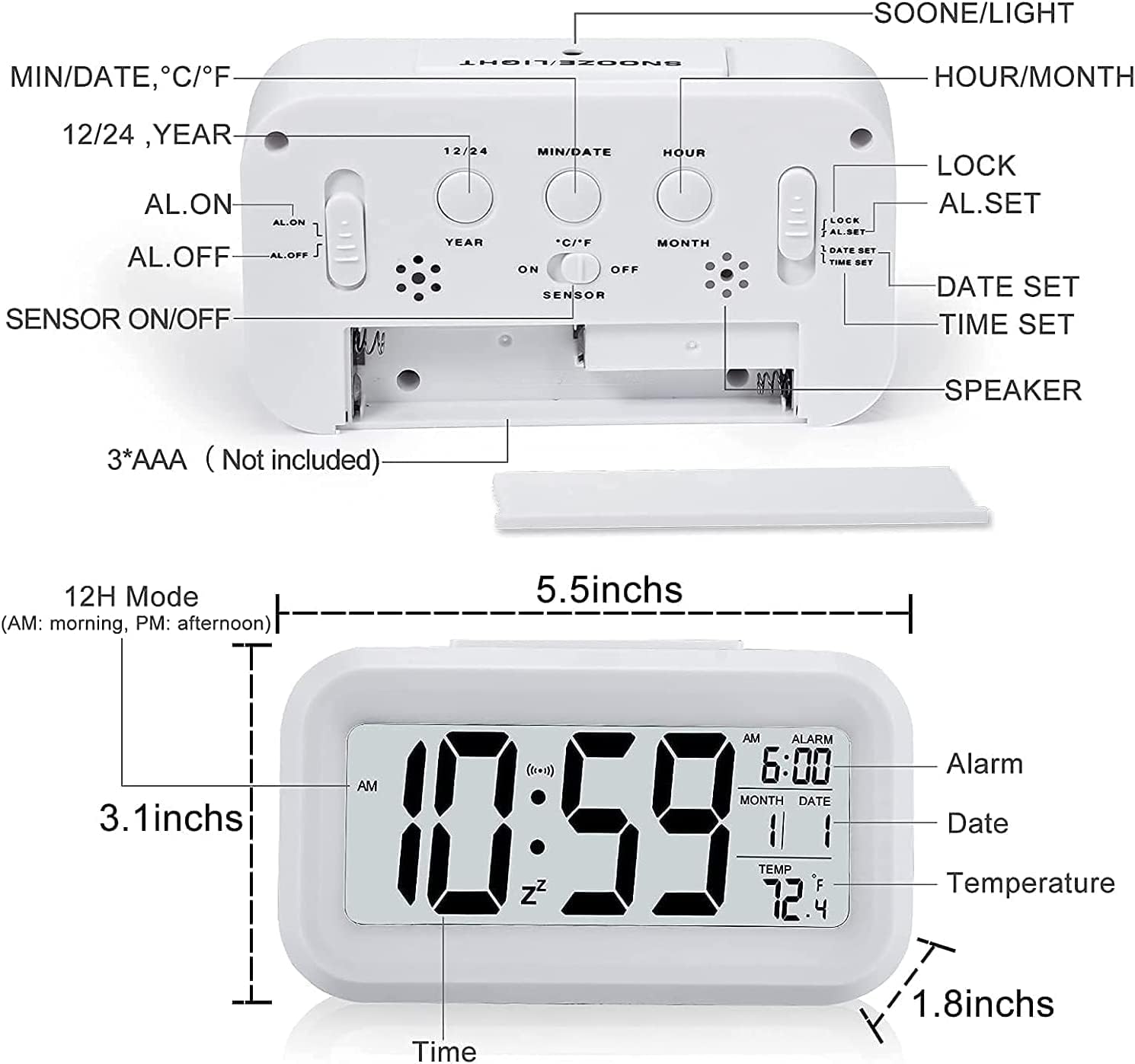 Réveil de voyage numérique, affichage LED silencieux pour enfants et adultes, calendrier de température, veilleuse avec fonction snooze - 5