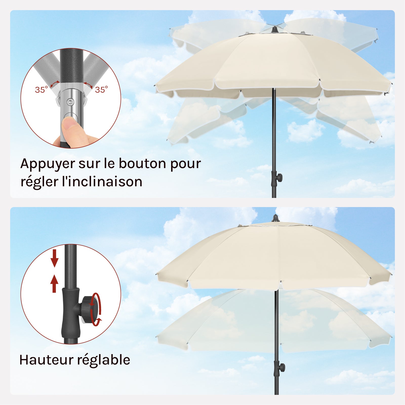 Parasol de Jardin WOLTU, Ø135 cm, Parasol Inclinable, Hauteur Réglables, Protection Solaire UPF 50+, Beige - 3